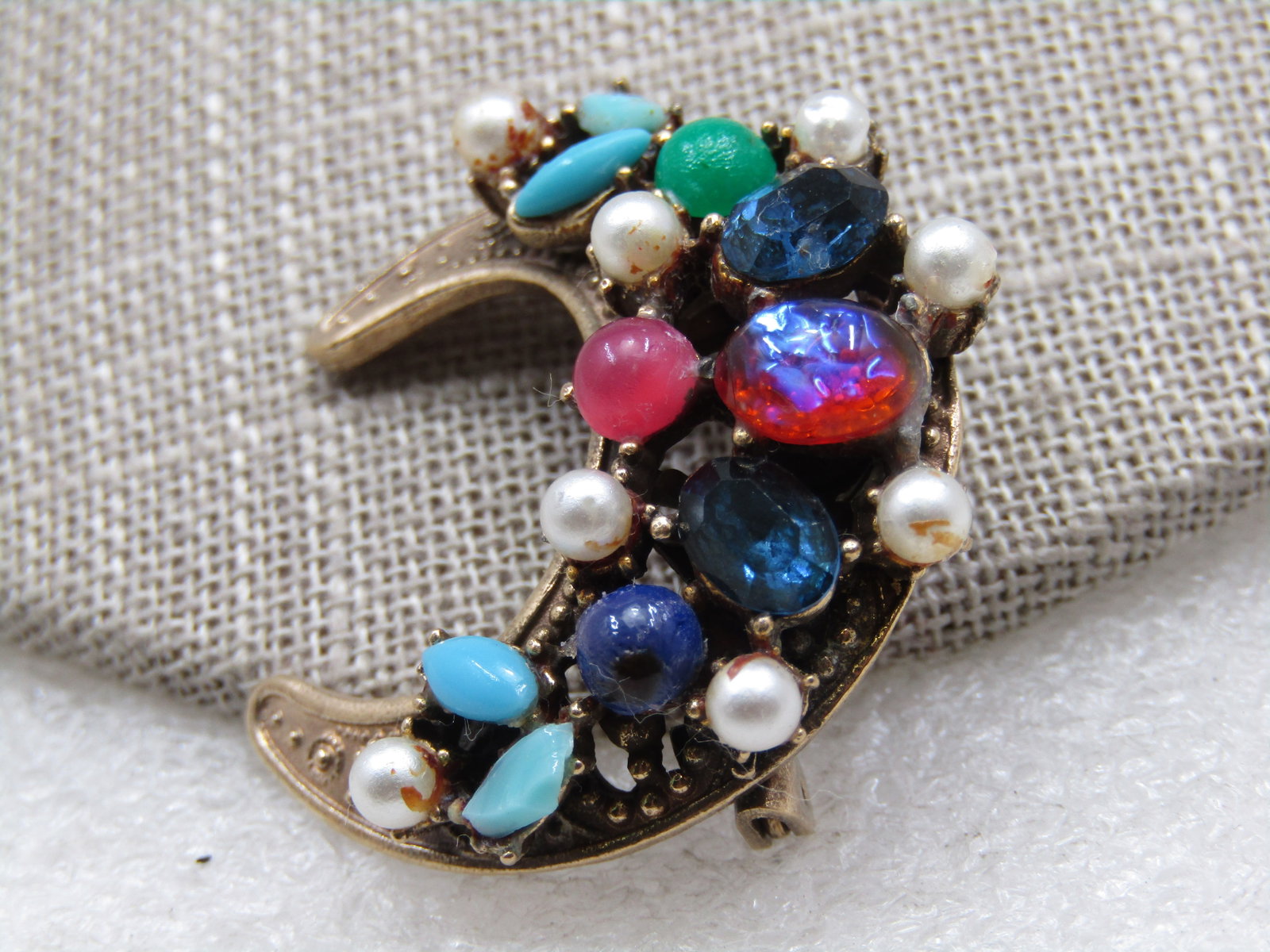 Vintage Coro Rhinestone Crescent Brooch, 1940's - 4