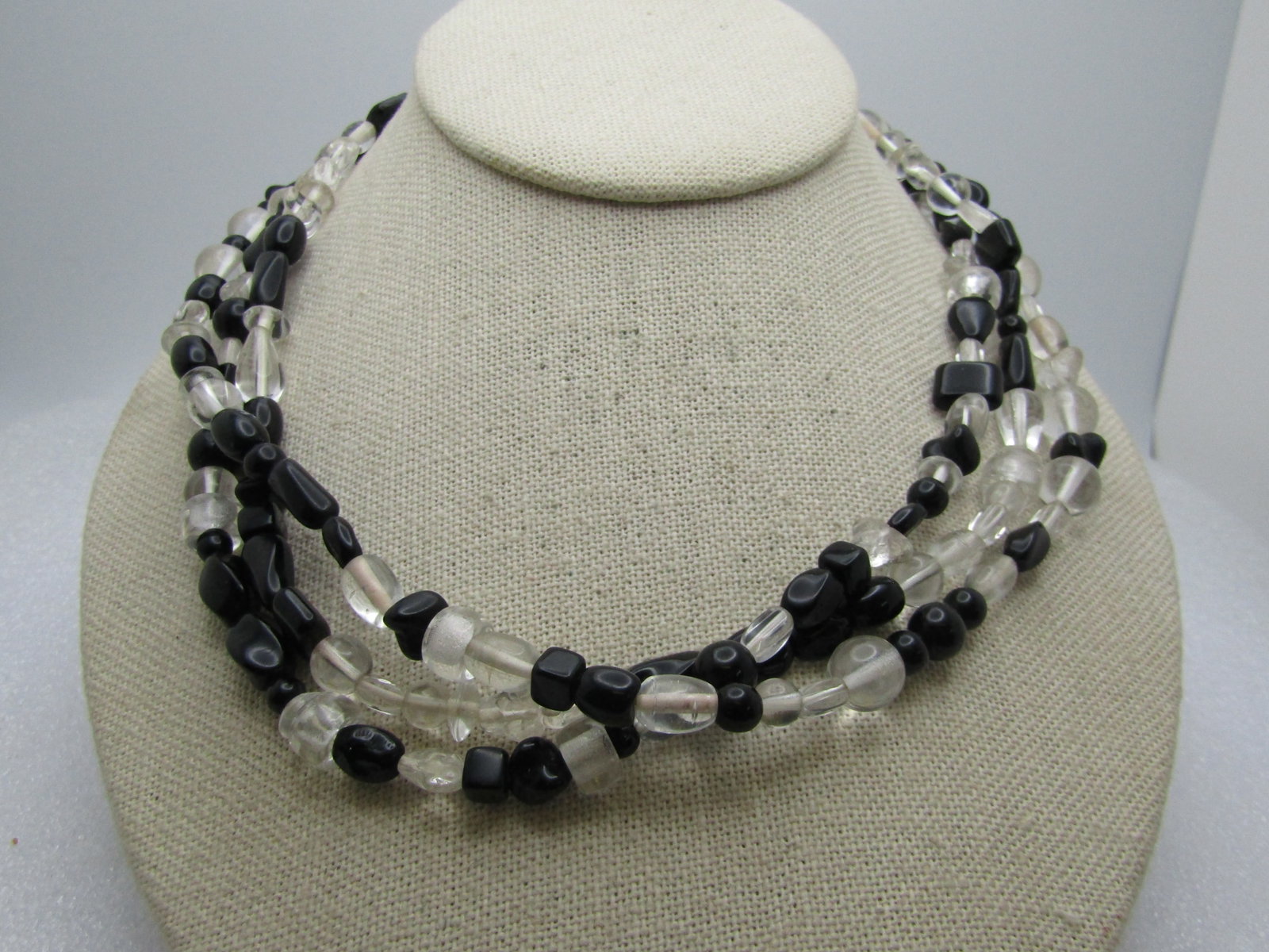 Vintage Clear & Black Triple Strand Necklace, Glass, 17", 1980's-1990's (1 of 6)