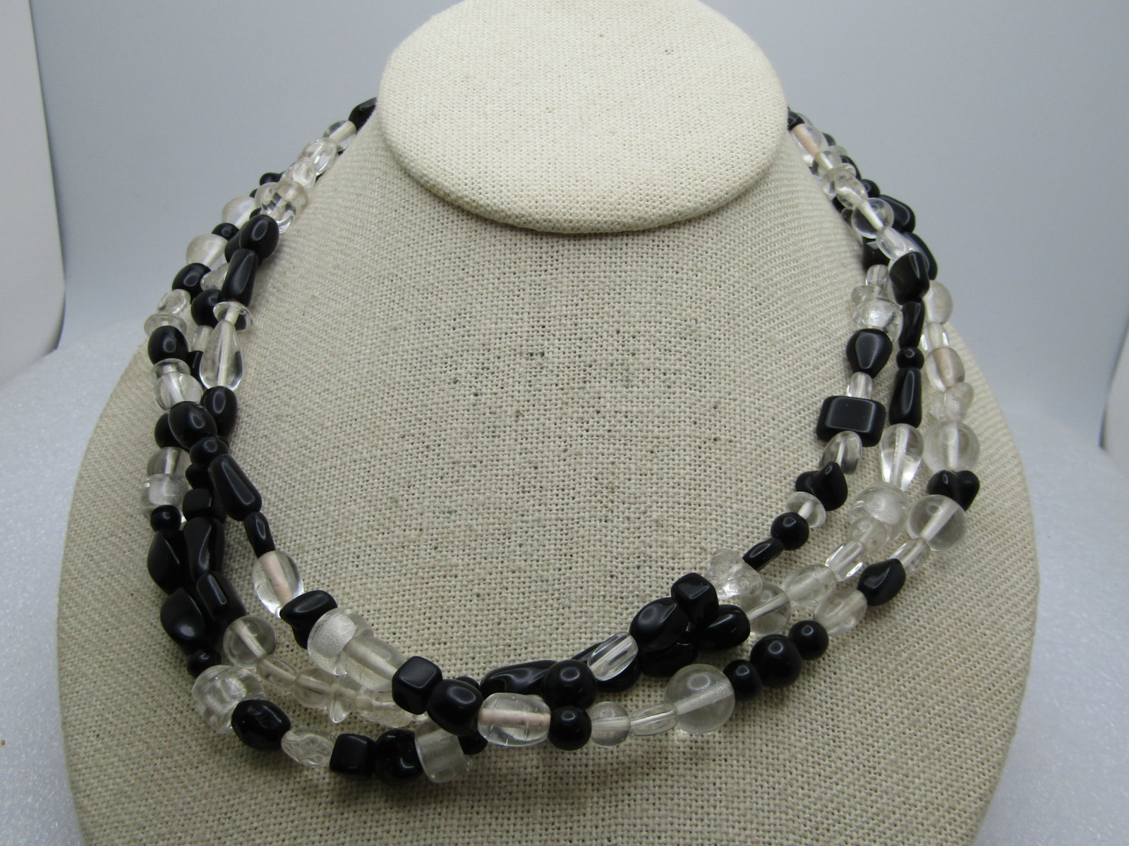 Vintage Clear & Black Triple Strand Necklace, Glass, 17", 1980's-1990's - 2