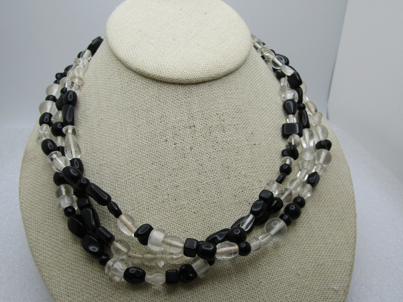 Vintage Clear & Black Triple Strand Necklace, Glass, 17", 1980's-1990's - 3