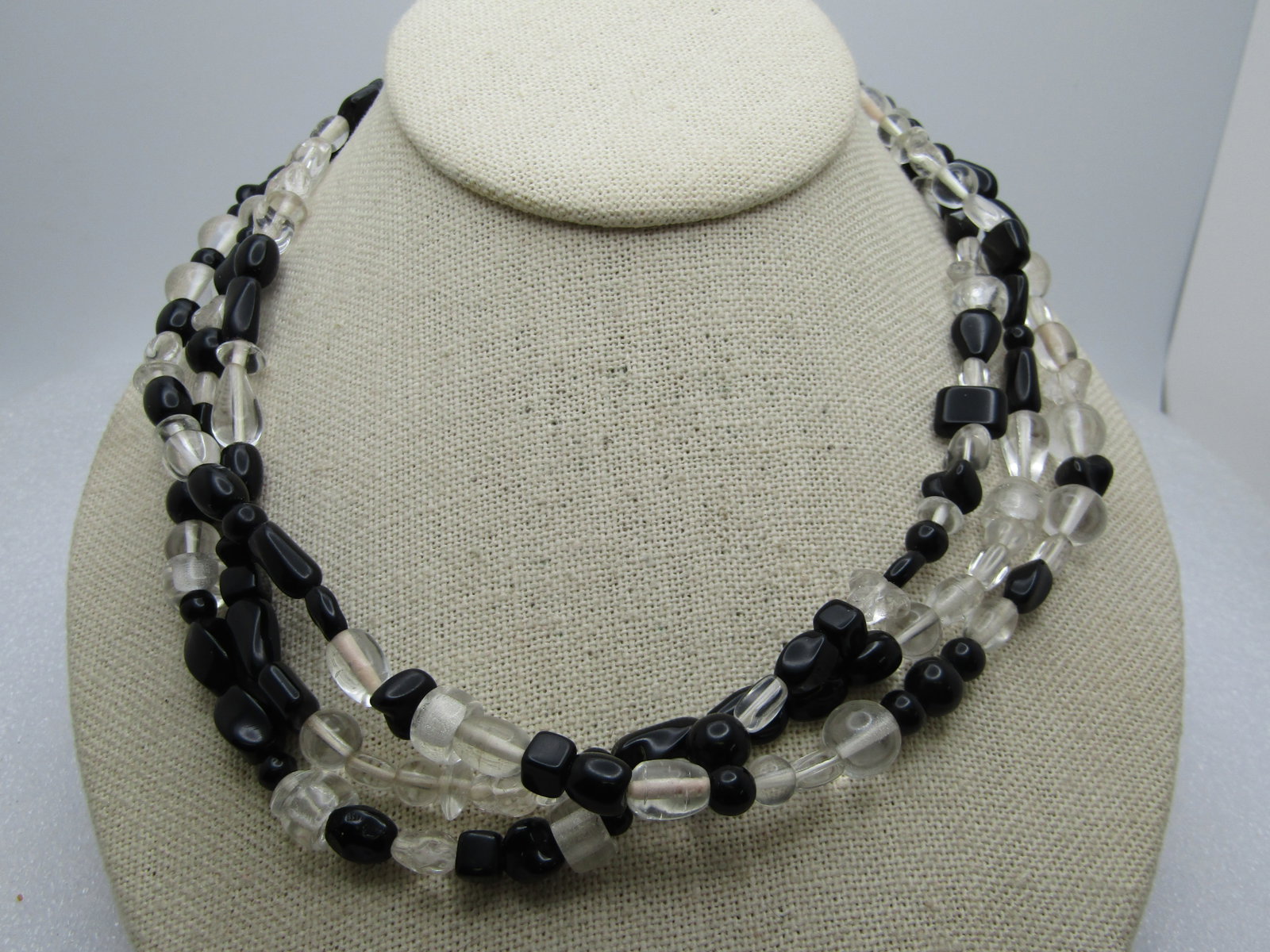 Vintage Clear & Black Triple Strand Necklace, Glass, 17", 1980's-1990's - 4