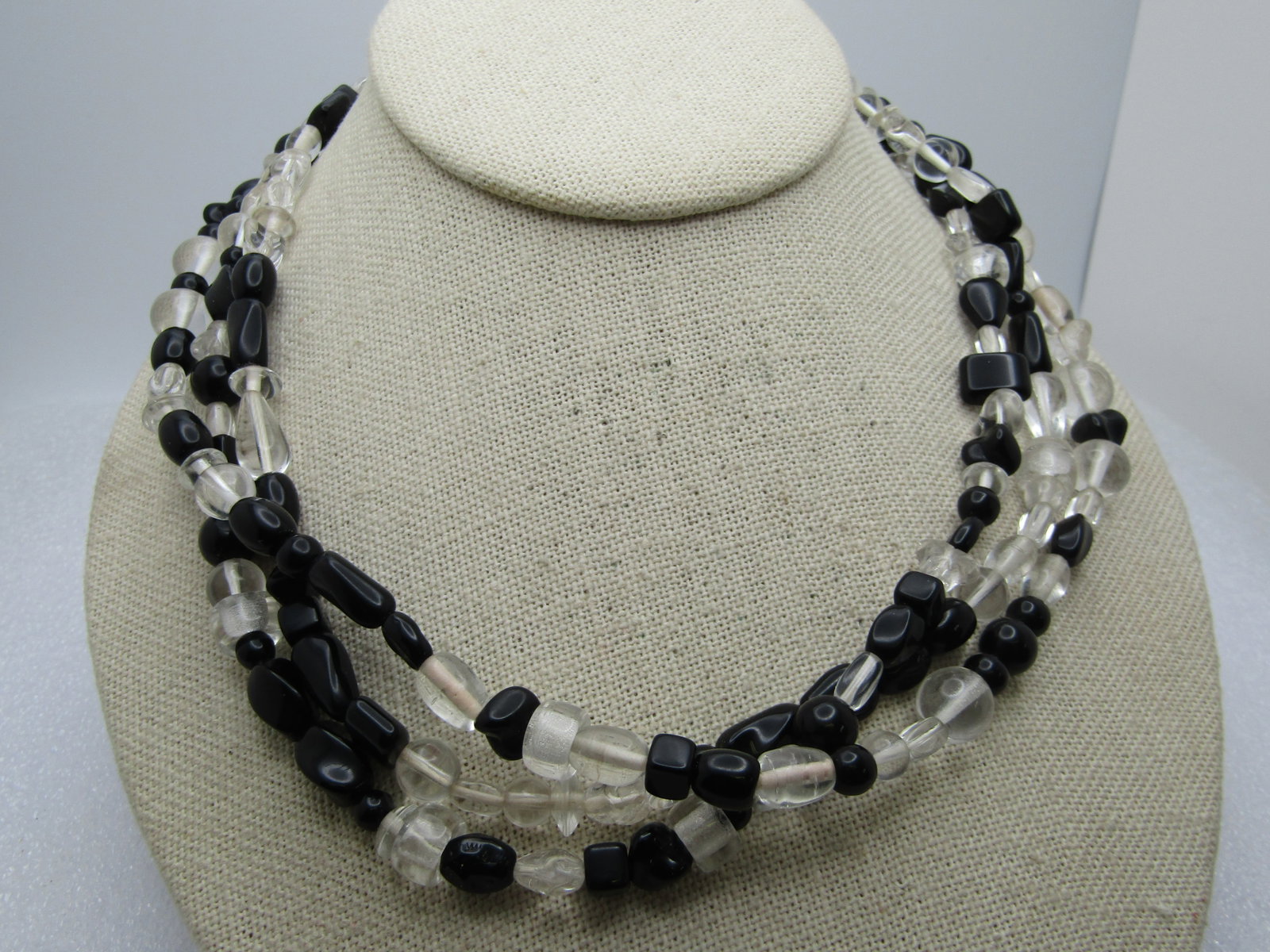 Vintage Clear & Black Triple Strand Necklace, Glass, 17", 1980's-1990's - 5