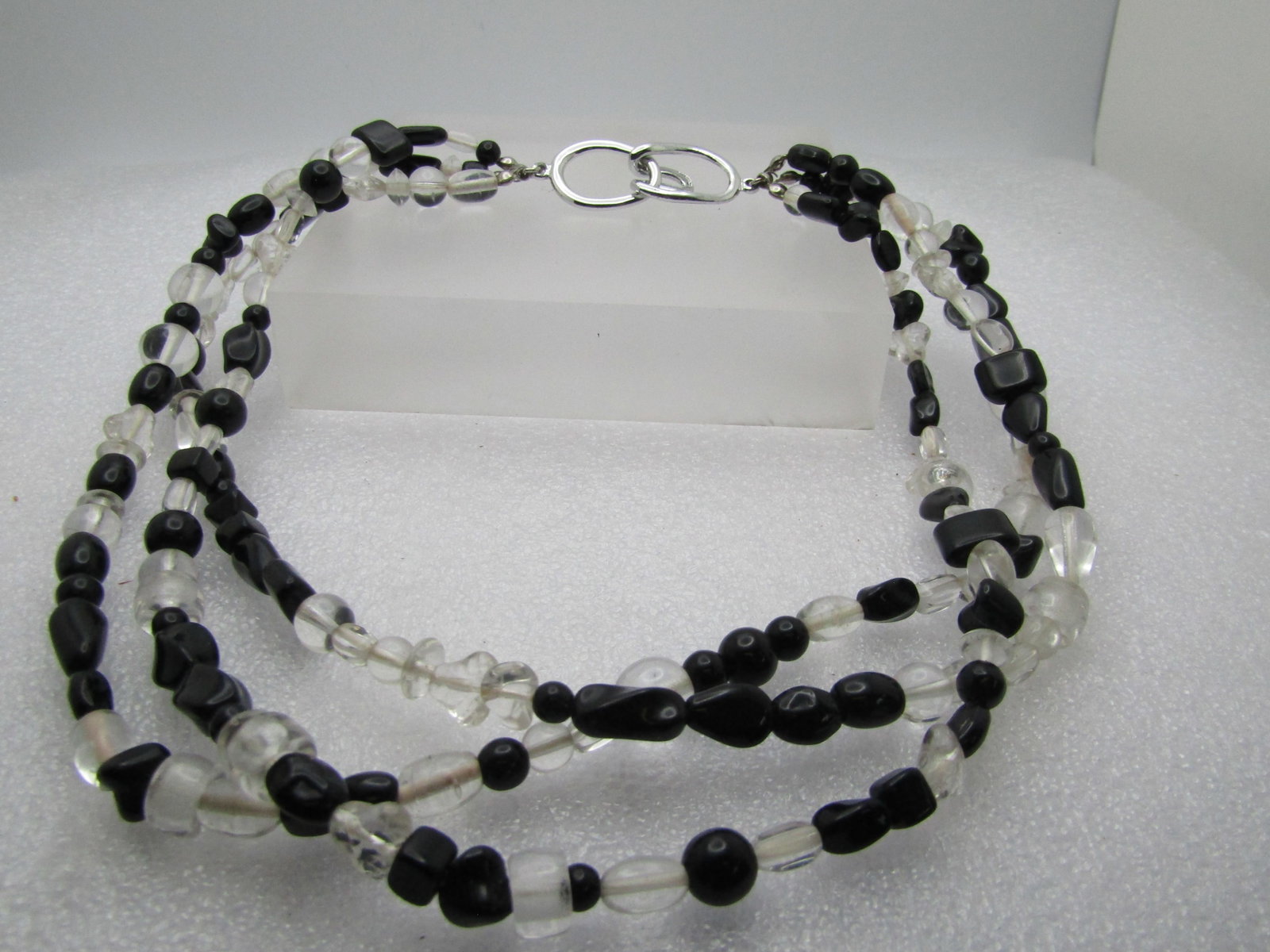 Vintage Clear & Black Triple Strand Necklace, Glass, 17", 1980's-1990's - 6