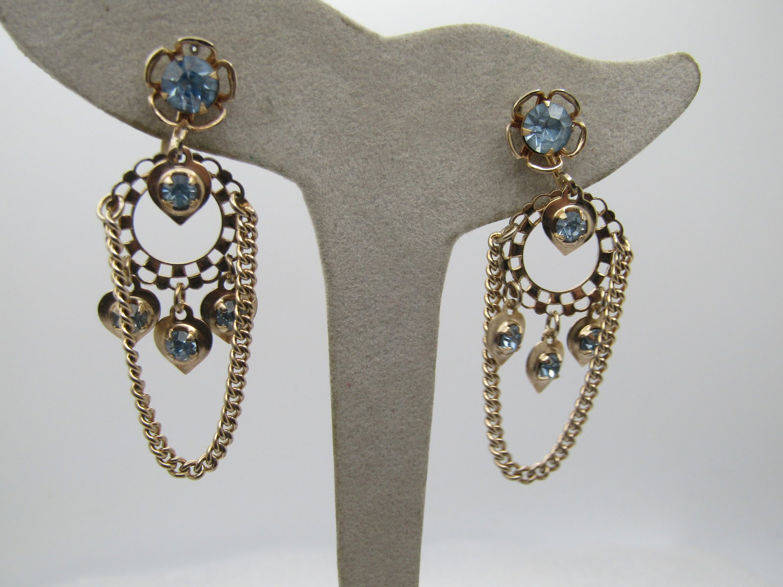 Vintage Blue Rhinestone Floral Chandelier Earrings, Screwback, 1960's-1970's - 2