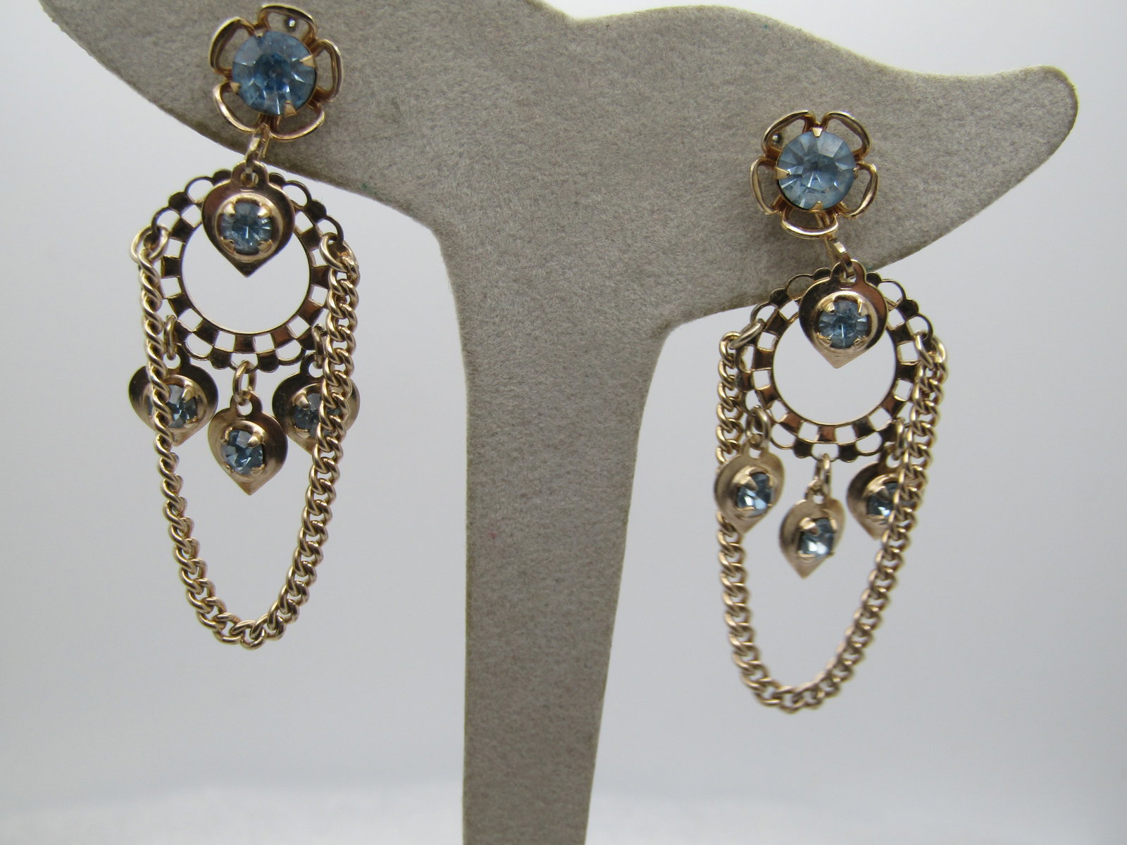 Vintage Blue Rhinestone Floral Chandelier Earrings, Screwback, 1960's-1970's - 3
