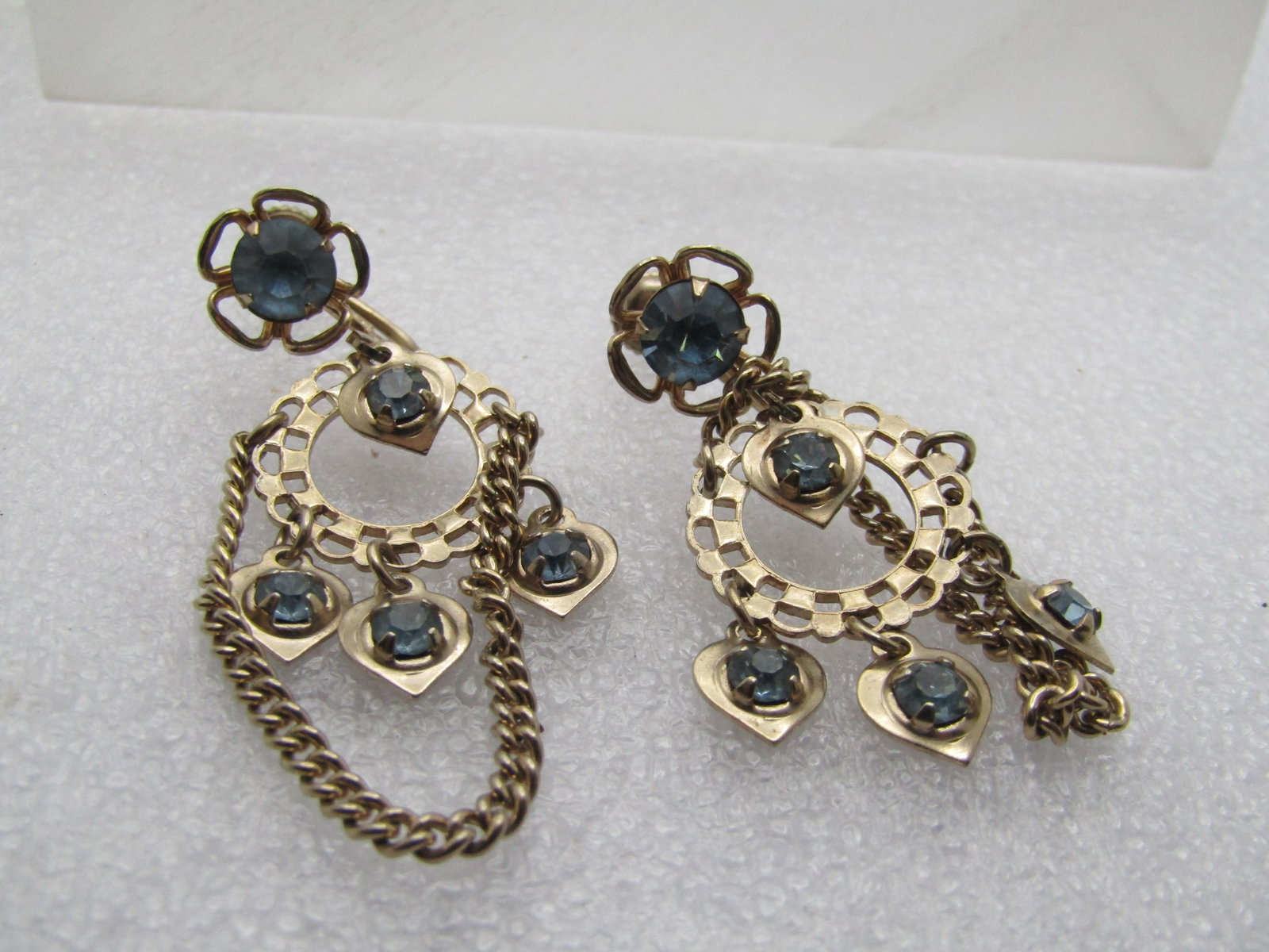 Vintage Blue Rhinestone Floral Chandelier Earrings, Screwback, 1960's-1970's - 5