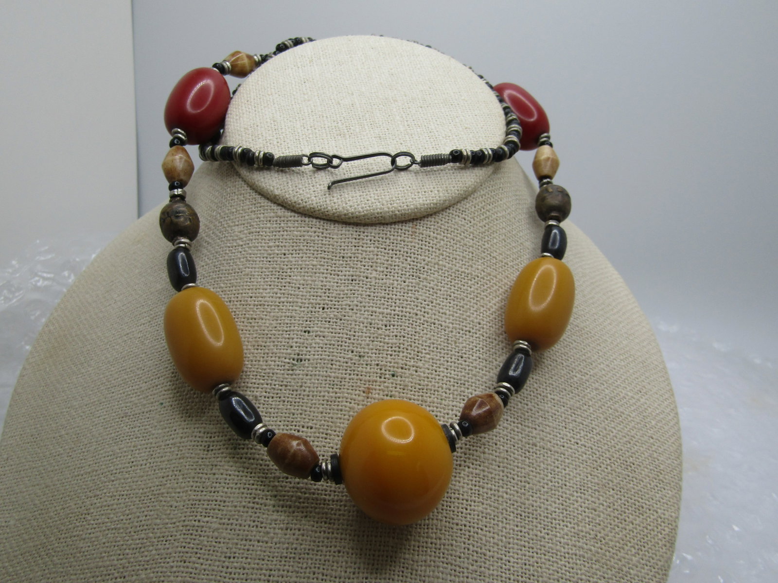 Vintage Chunky Faux Pearl Necklace, 24", Box Clasp, 1960's-1970's: Title: Vintage Chunky Faux Pearl Necklace, 24", Box Clasp, 1960's-1970's Description: Vintage Chunky Plastic, Brass and Glass Beaded Necklace, 24", Tribal Themed, Vintage hand made brass beads mixed w
