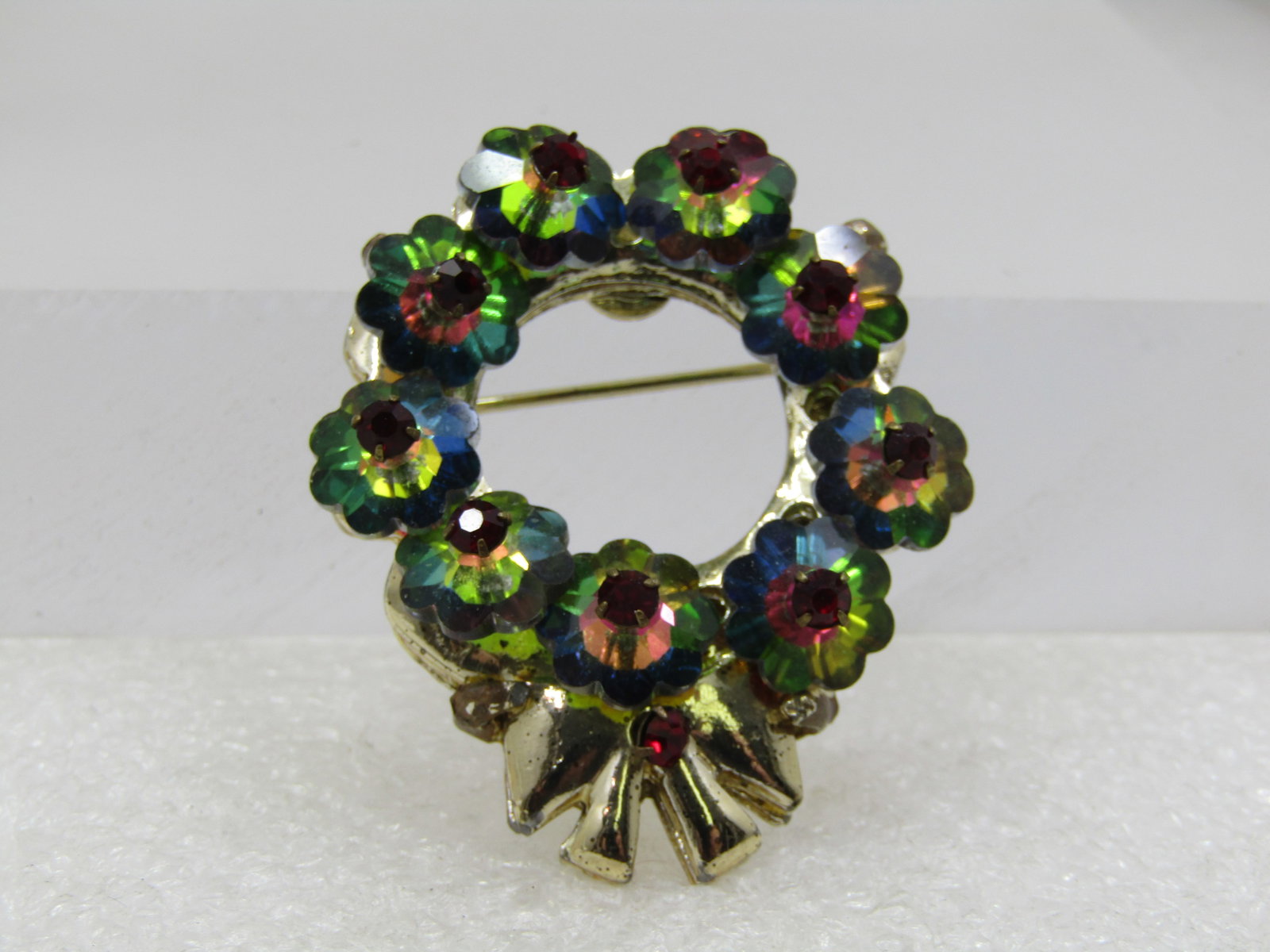 Vintage Watermelon Rhinestone Christmas Wreath Brooch, 1960's - 2