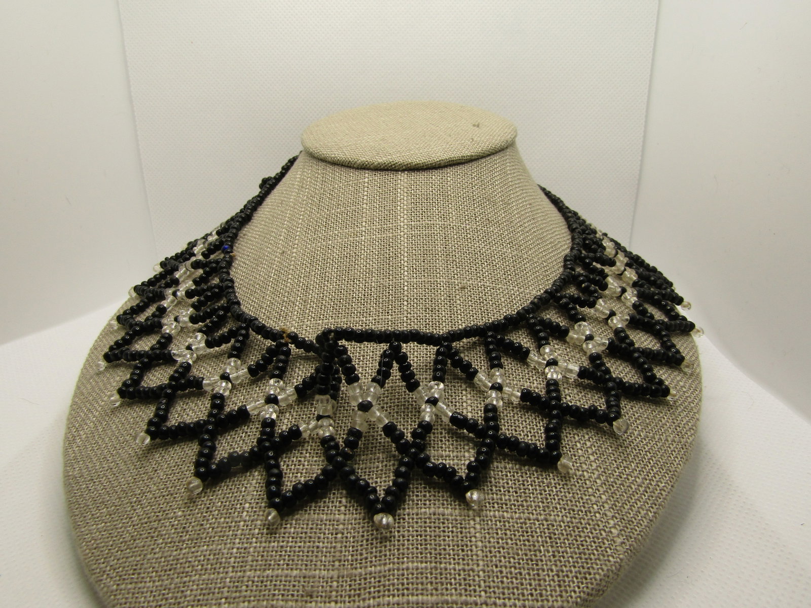 Vintage Black & Clear Seed Beaded Collar Necklace, 20" Pointed Drop Design - 2