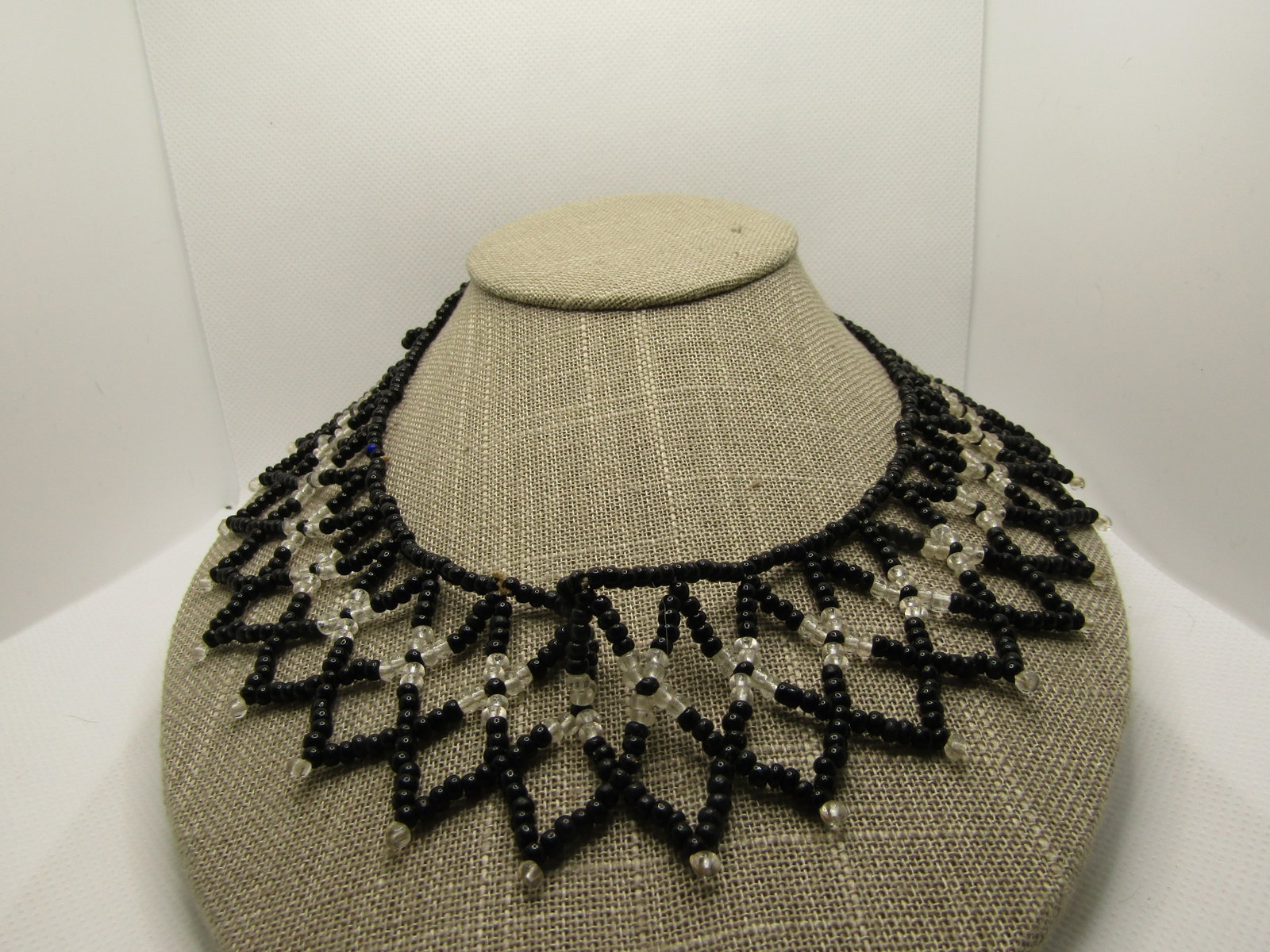 Vintage Black & Clear Seed Beaded Collar Necklace, 20" Pointed Drop Design - 3