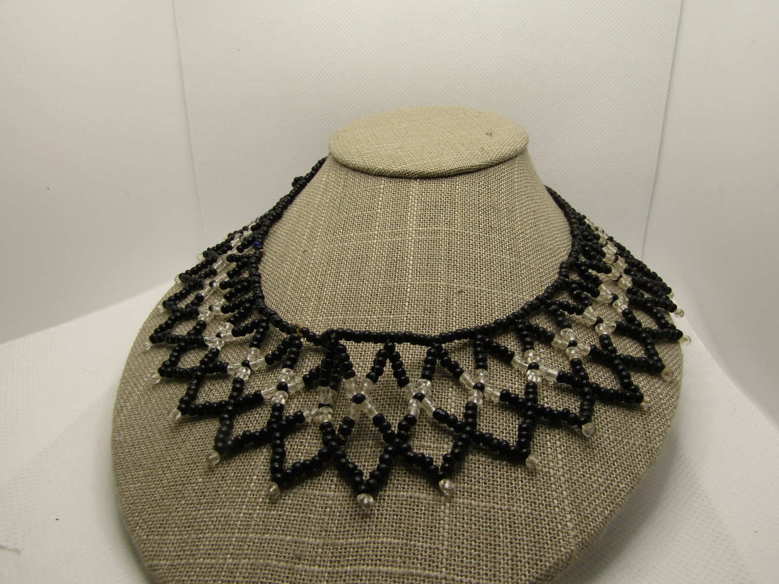 Vintage Black & Clear Seed Beaded Collar Necklace, 20" Pointed Drop Design - 4