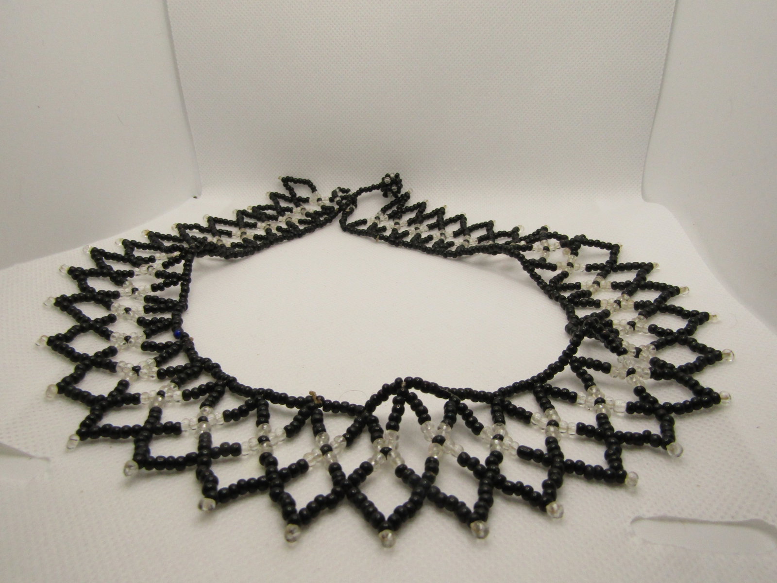 Vintage Black & Clear Seed Beaded Collar Necklace, 20" Pointed Drop Design - 5