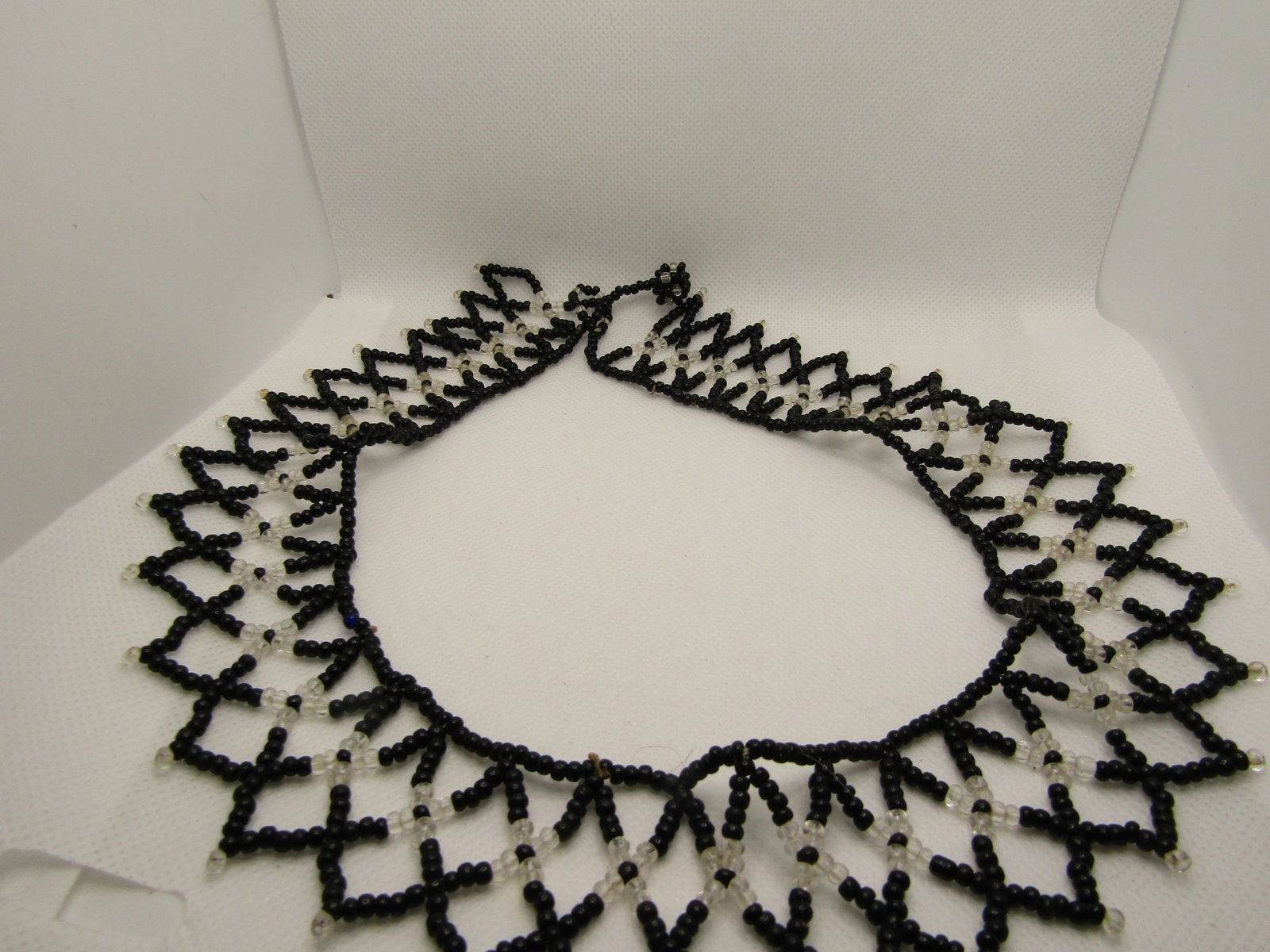 Vintage Black & Clear Seed Beaded Collar Necklace, 20" Pointed Drop Design - 6