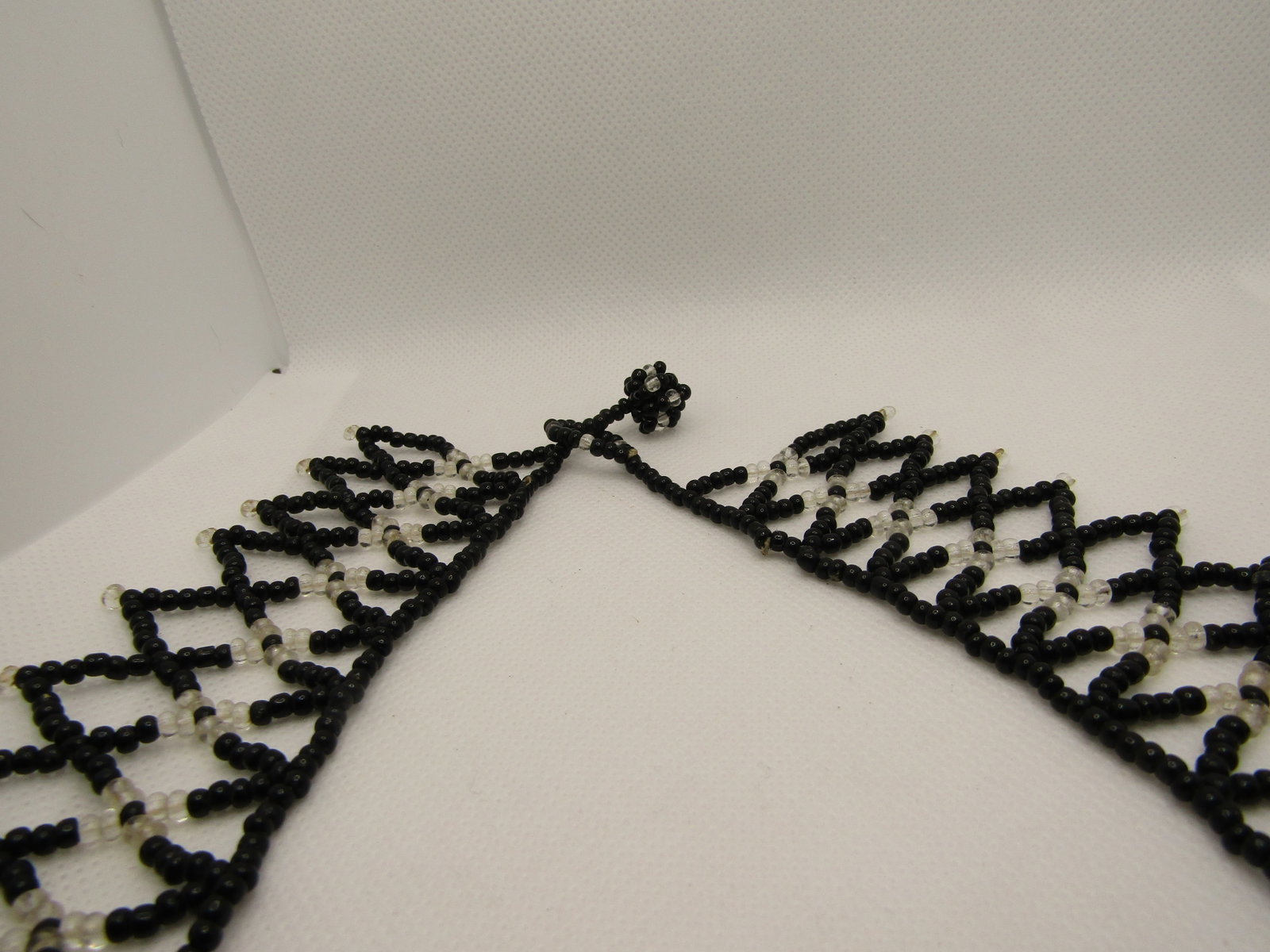 Vintage Black & Clear Seed Beaded Collar Necklace, 20" Pointed Drop Design - 7