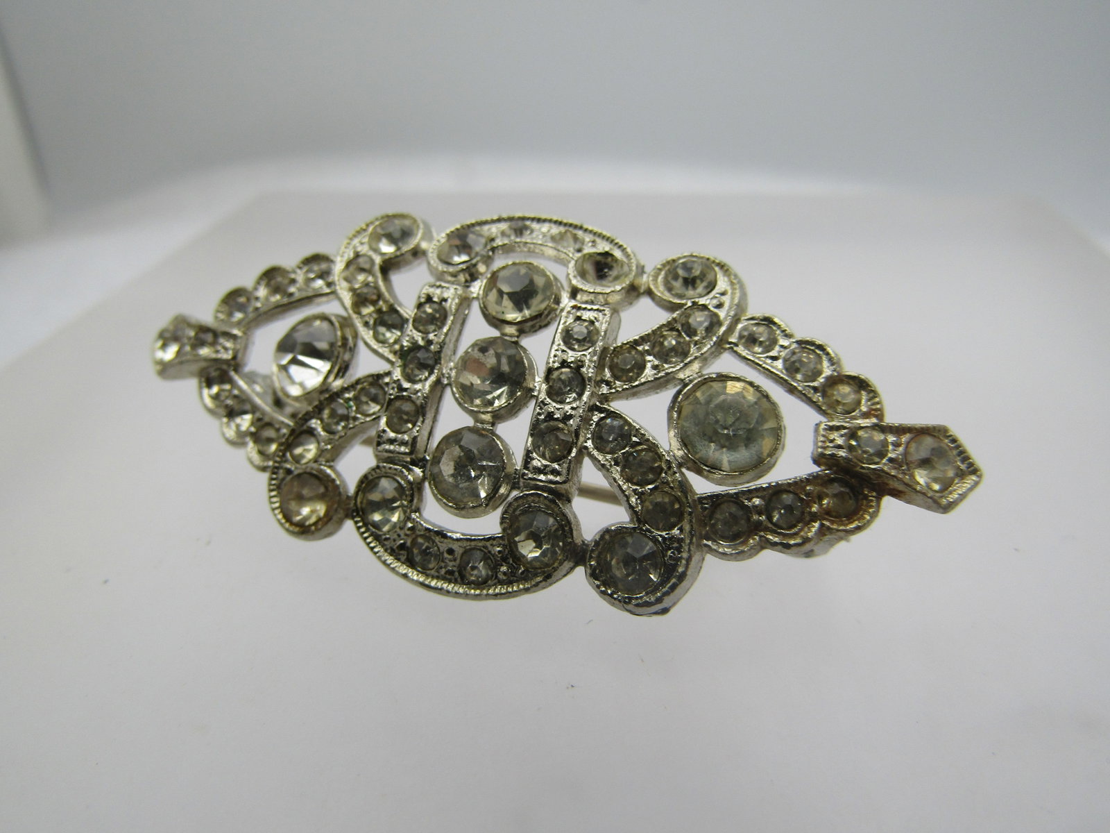 Vintage Clear Rhinestone Brooch, Cast Metal, 1930's - 2