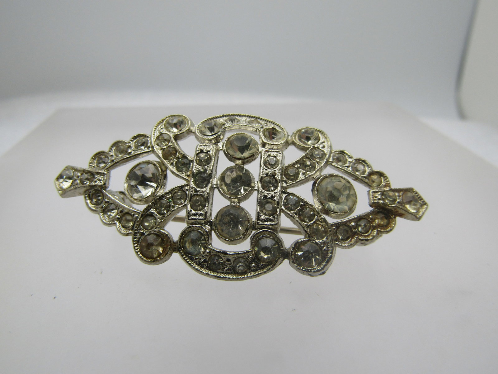 Vintage Clear Rhinestone Brooch, Cast Metal, 1930's - 3