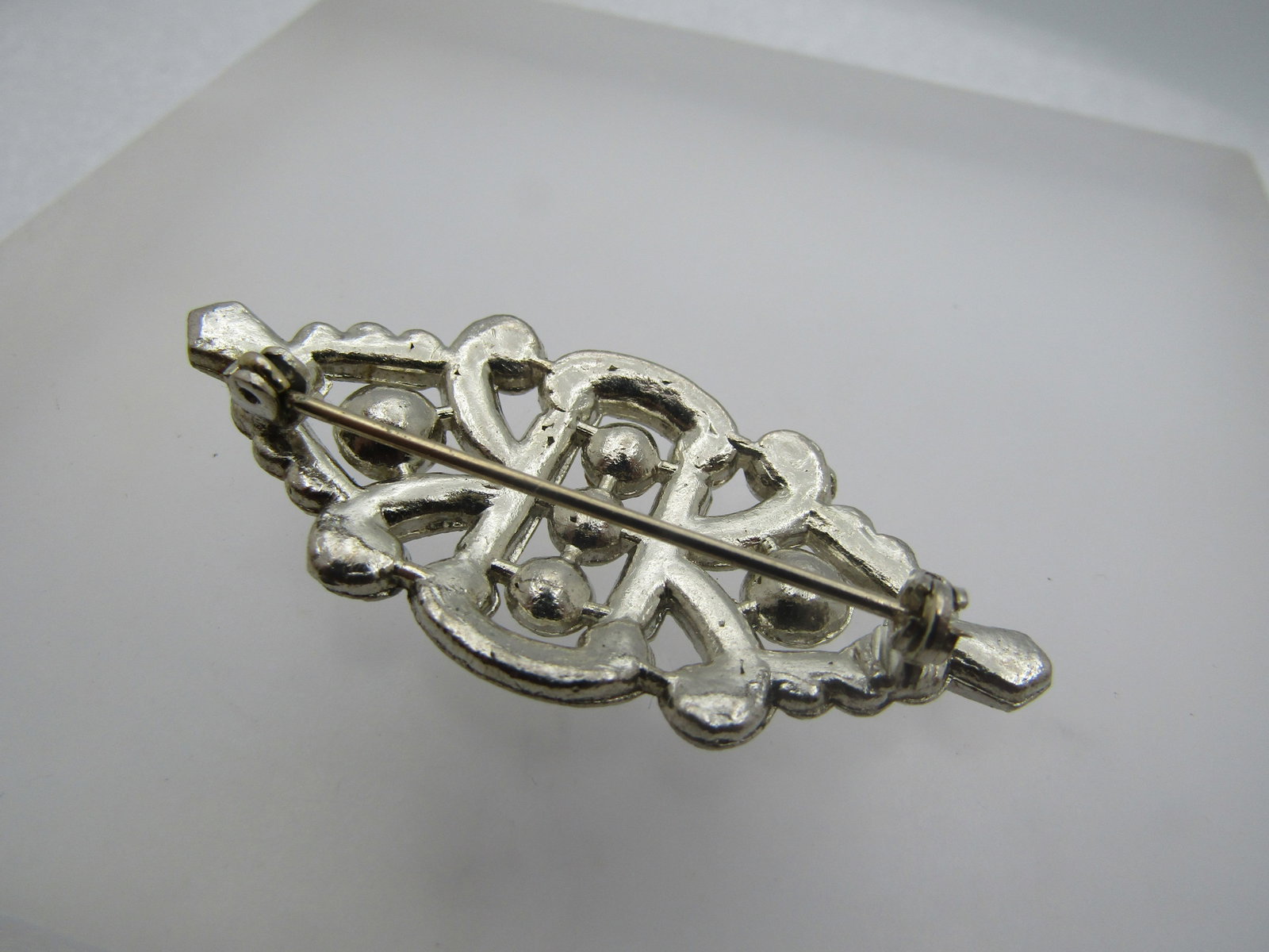 Vintage Clear Rhinestone Brooch, Cast Metal, 1930's - 5