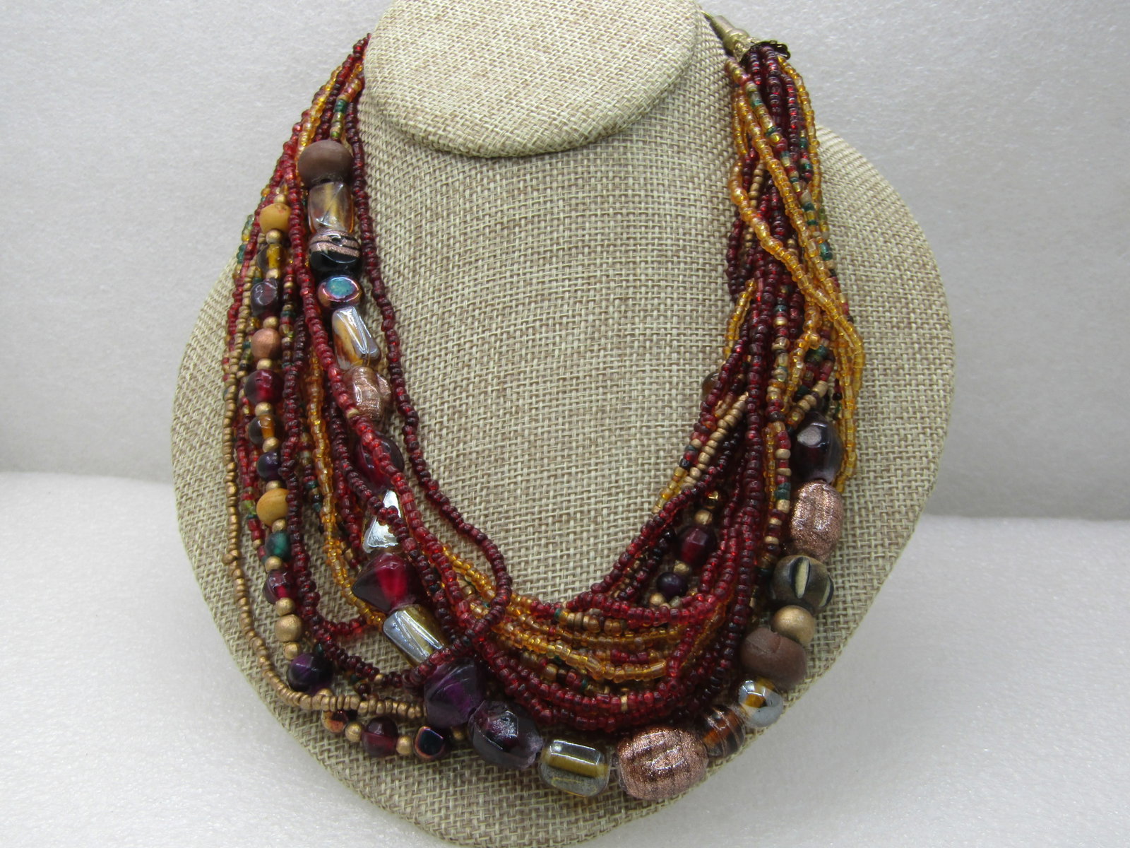Vintage Boho Torsade Multi-Strand Necklace, Glass Beaded, 17 Strands, 21" Autumn Colors in dark red, - 2