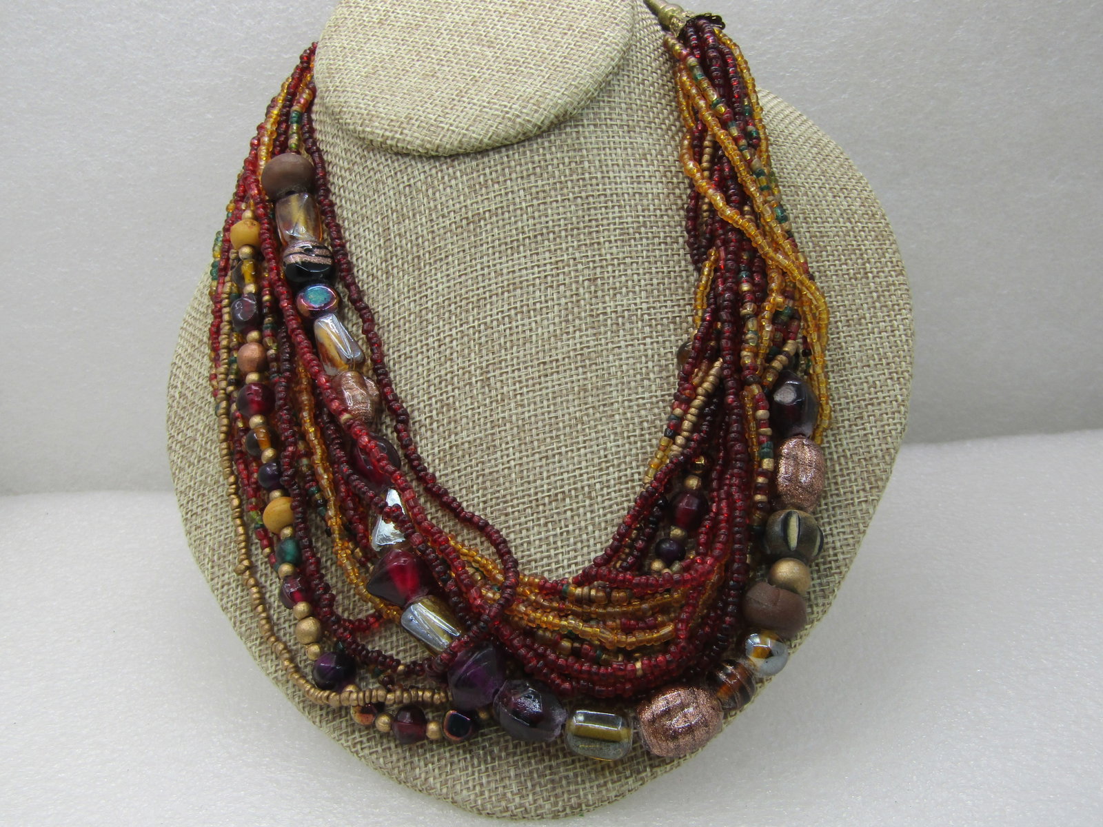 Vintage Boho Torsade Multi-Strand Necklace, Glass Beaded, 17 Strands, 21" Autumn Colors in dark red, - 3