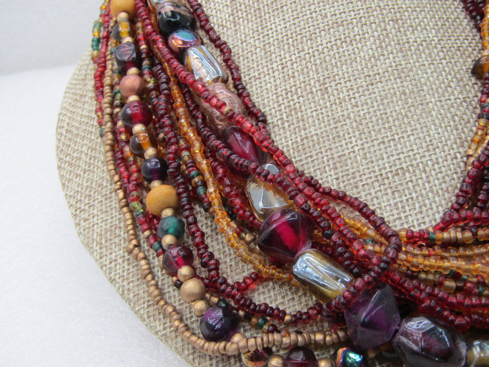 Vintage Boho Torsade Multi-Strand Necklace, Glass Beaded, 17 Strands, 21" Autumn Colors in dark red, - 5