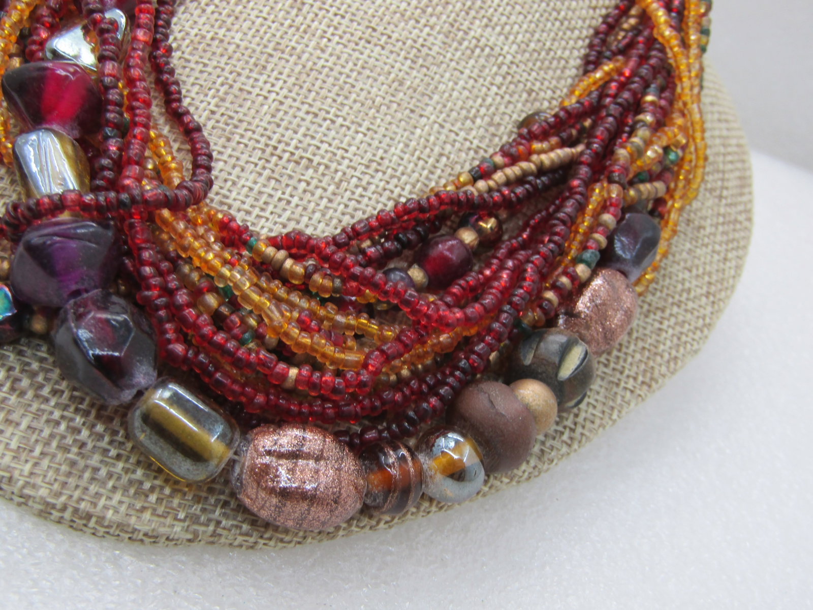 Vintage Boho Torsade Multi-Strand Necklace, Glass Beaded, 17 Strands, 21" Autumn Colors in dark red, - 6