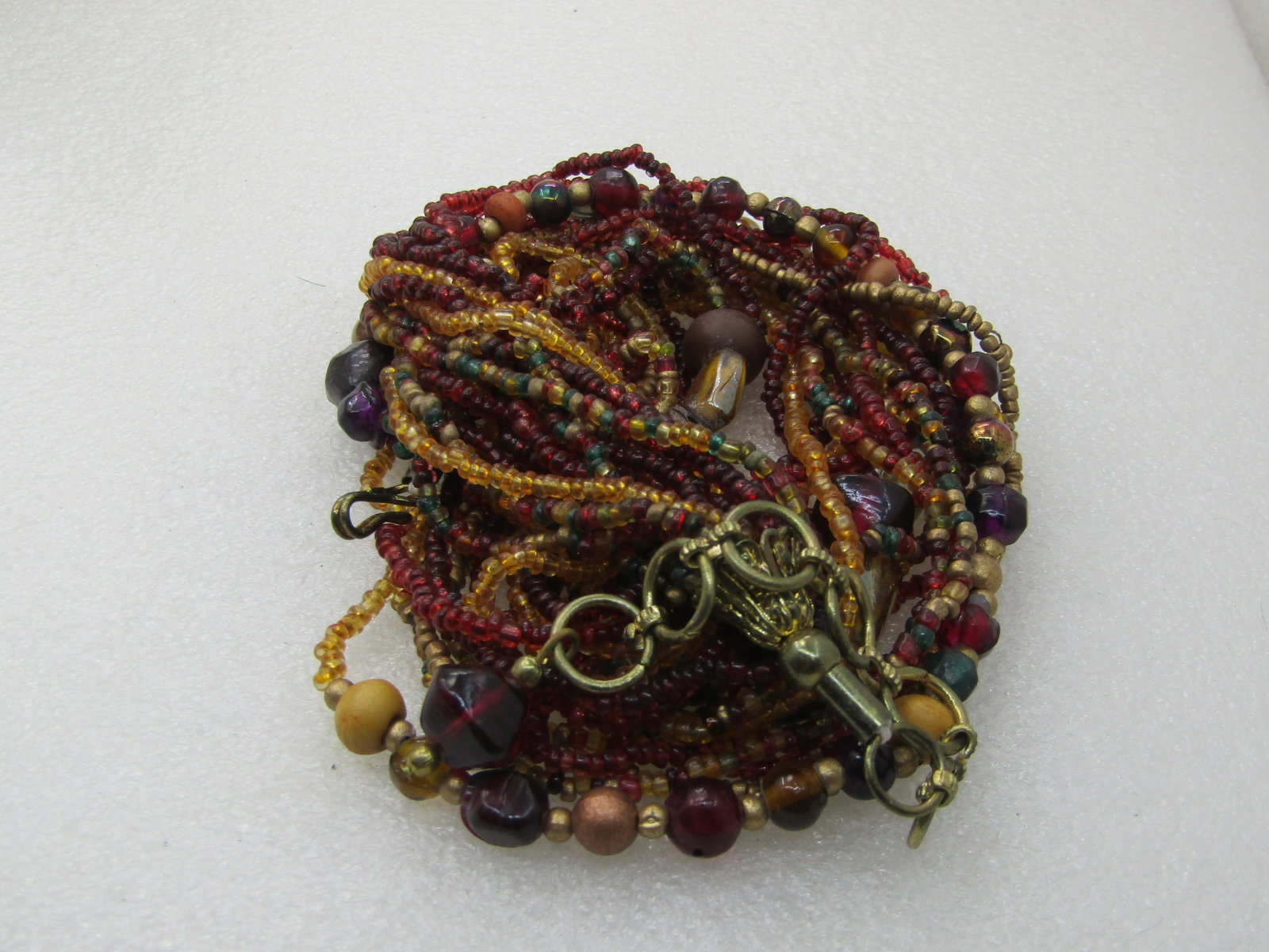 Vintage Boho Torsade Multi-Strand Necklace, Glass Beaded, 17 Strands, 21" Autumn Colors in dark red, - 7