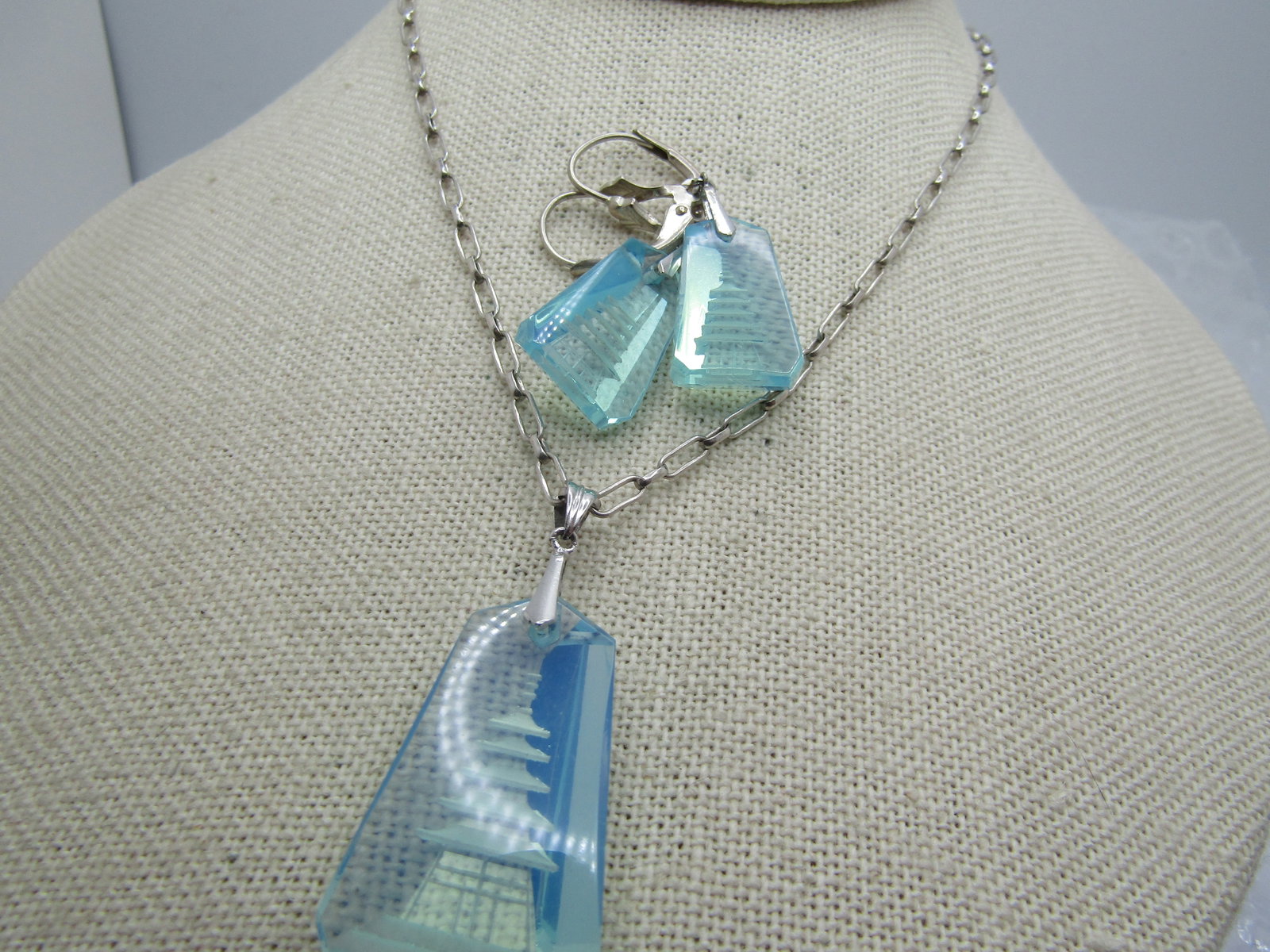 Vintage Sterling Reverse Carved Pagoda Necklace/Earrings Set, 19", Leverback, 1980's-1990's. - 2
