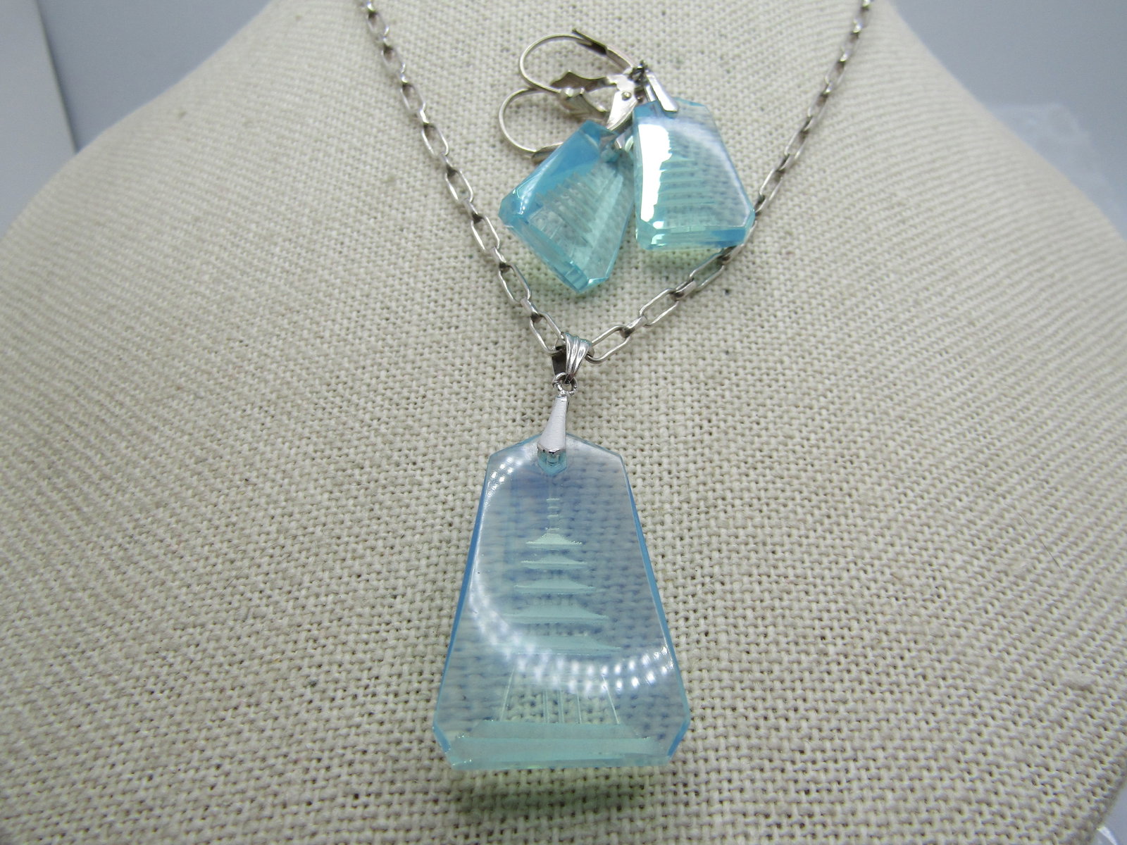 Vintage Sterling Reverse Carved Pagoda Necklace/Earrings Set, 19", Leverback, 1980's-1990's. - 3