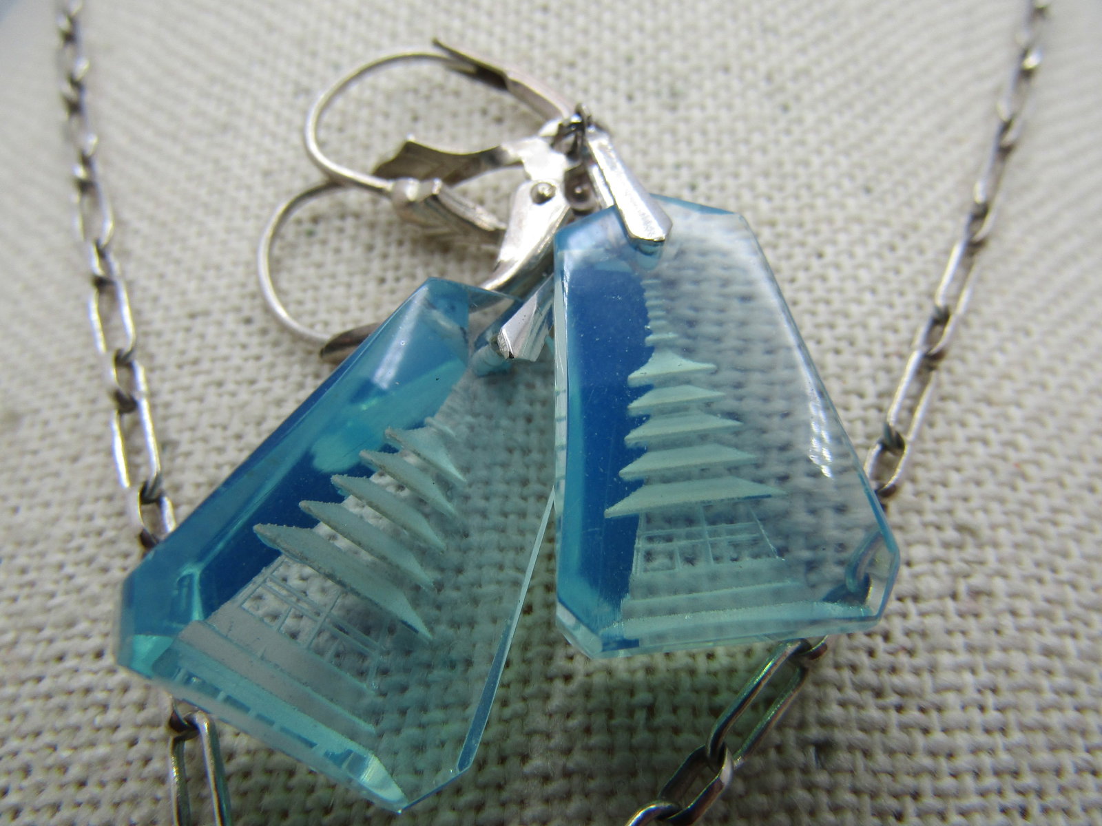 Vintage Sterling Reverse Carved Pagoda Necklace/Earrings Set, 19", Leverback, 1980's-1990's. - 5
