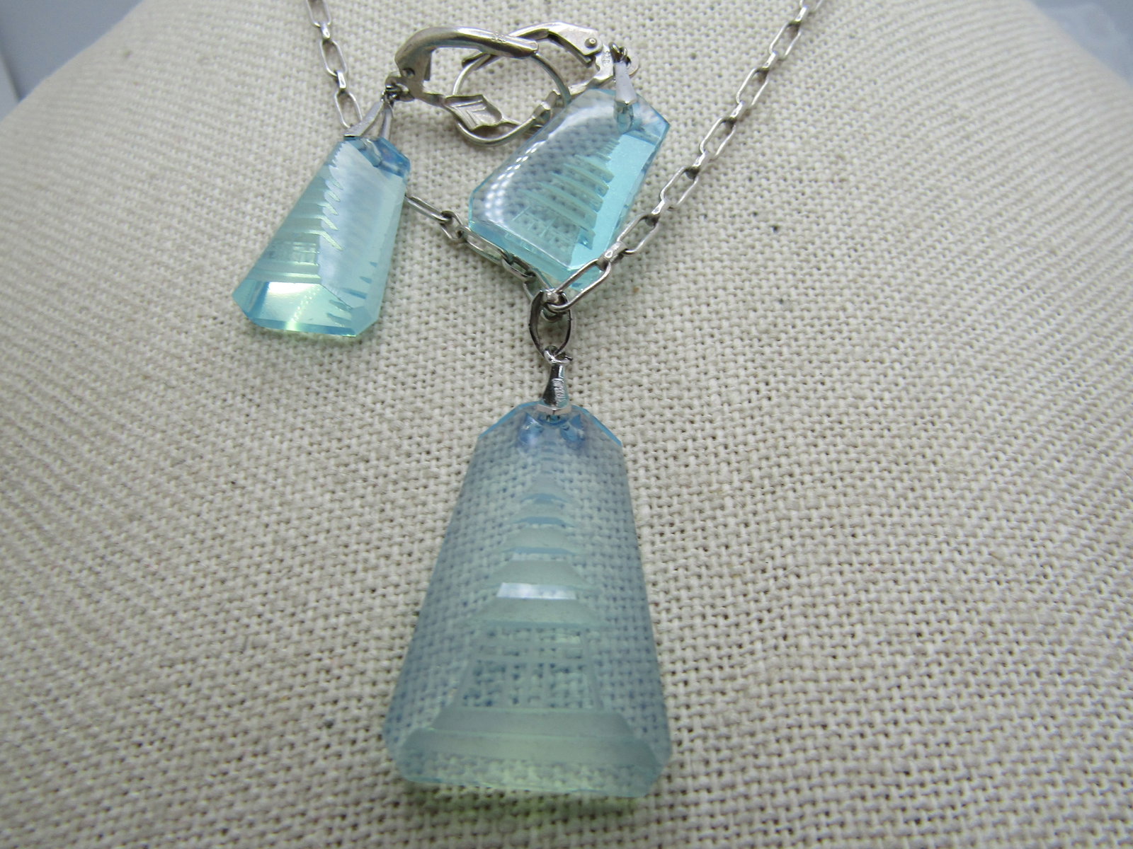 Vintage Sterling Reverse Carved Pagoda Necklace/Earrings Set, 19", Leverback, 1980's-1990's. - 6