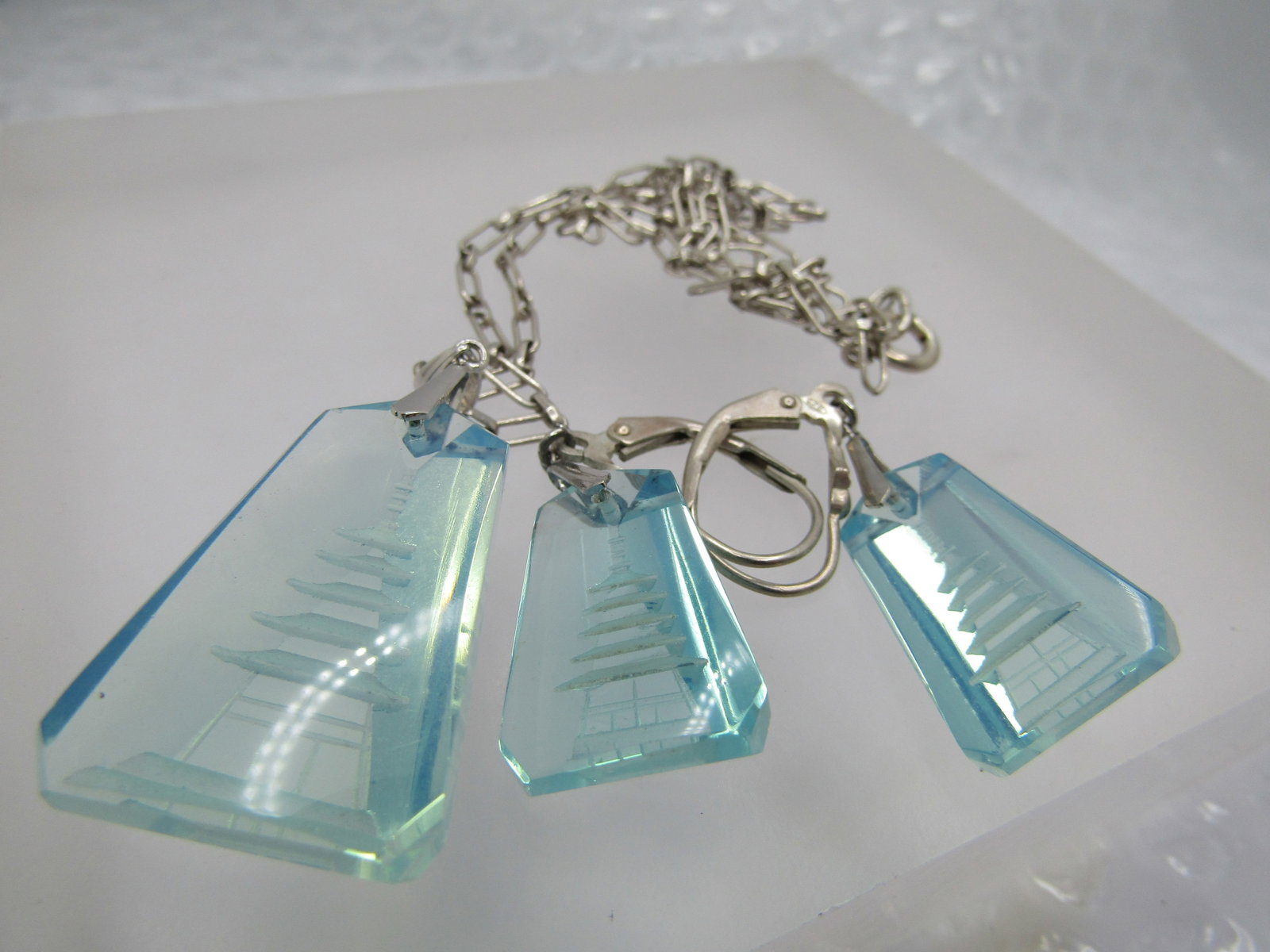 Vintage Sterling Reverse Carved Pagoda Necklace/Earrings Set, 19", Leverback, 1980's-1990's. - 7