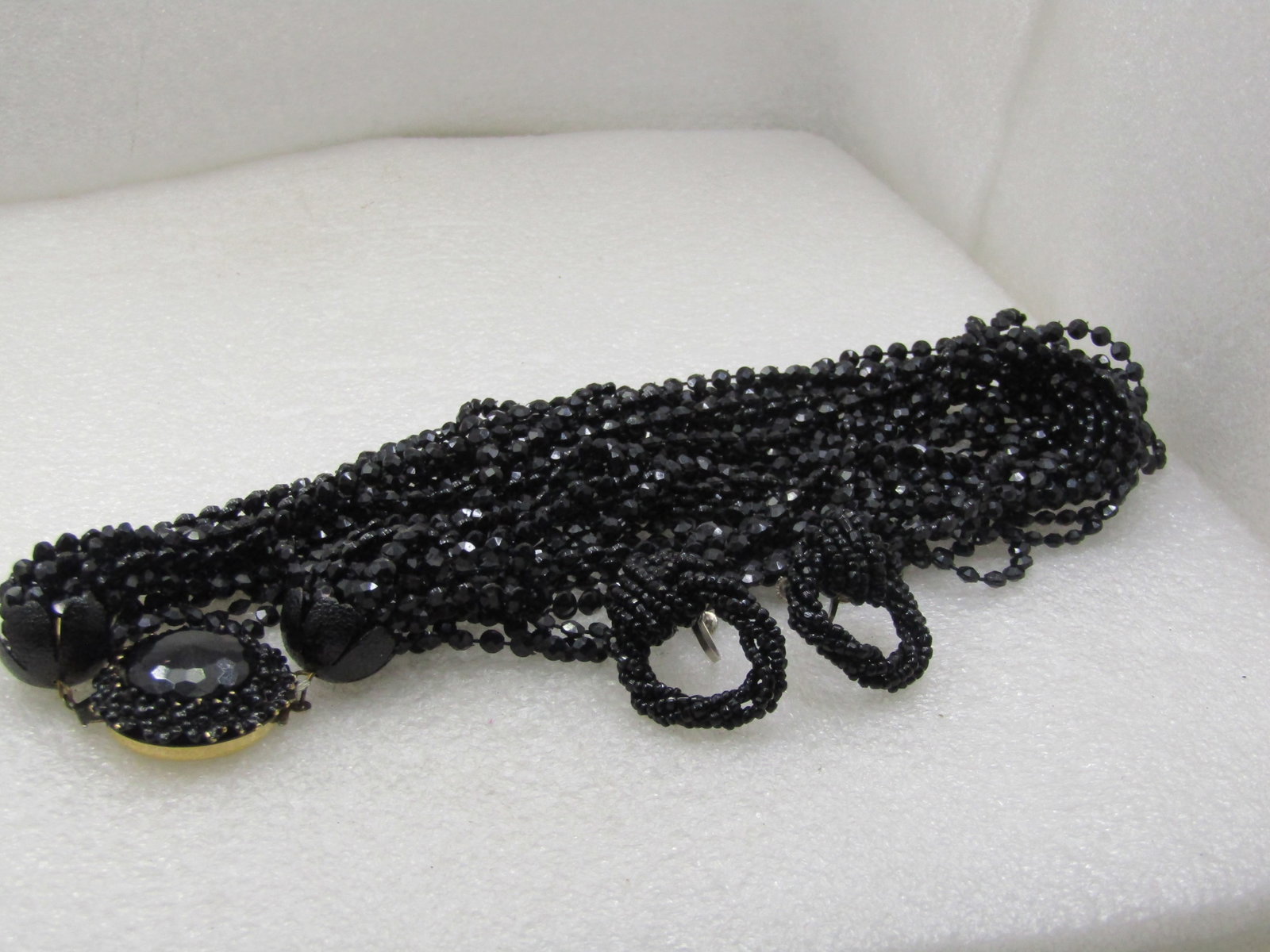 Vintage 22 Strand Black Beaded Necklace And Czech Screw Back Earrings, Mid-Century - 4
