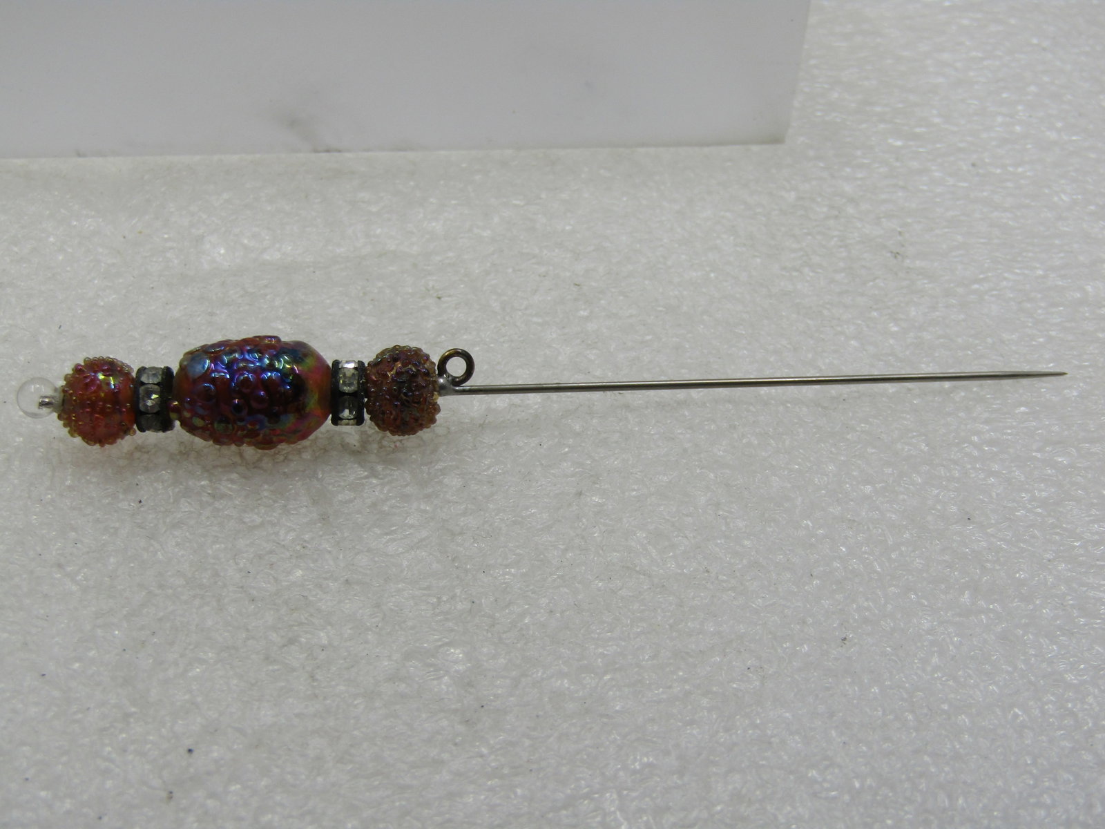 Vintage Amber Glass & Rhinestone Rondelle Stick Pin, 1940's - 3
