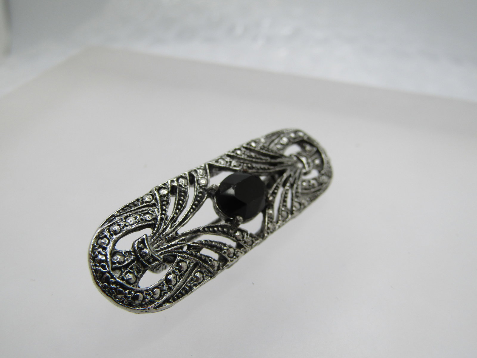 Vintage Black Glass Faux Marcasite Brooch, 1980's, 1.5" - 2