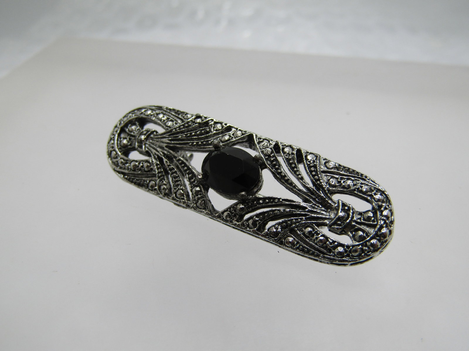 Vintage Black Glass Faux Marcasite Brooch, 1980's, 1.5" - 3