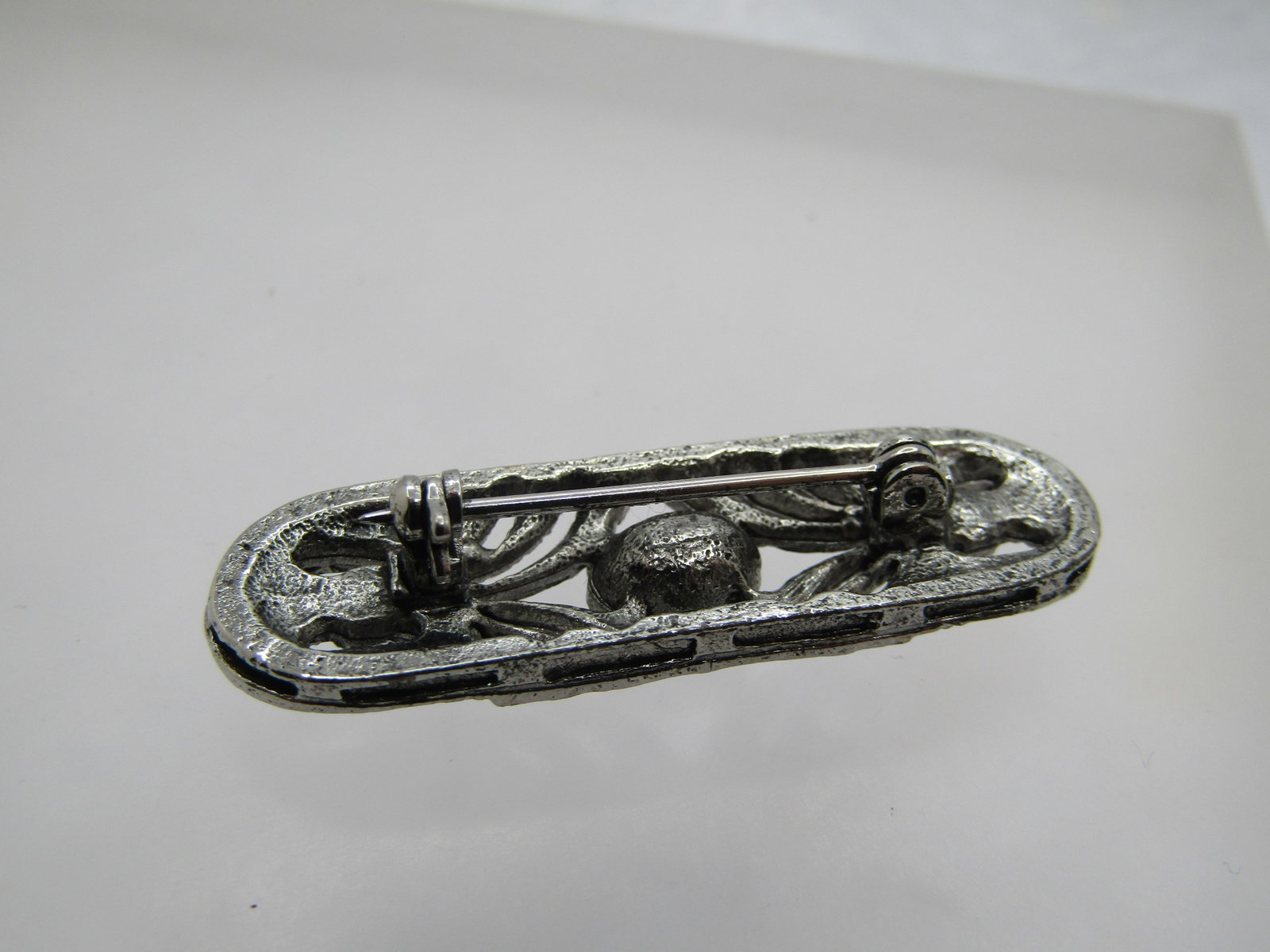 Vintage Black Glass Faux Marcasite Brooch, 1980's, 1.5" - 4