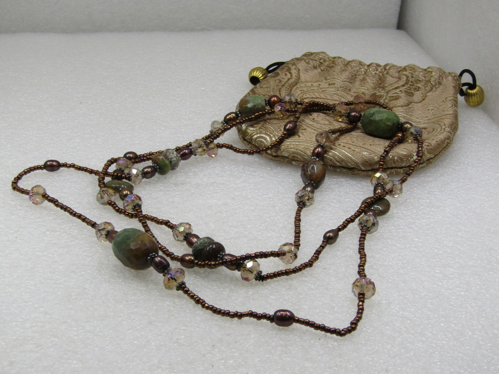 Green Brown Agate & Seed Beaded Necklce, 52", Boho: Title: Green Brown Agate & Seed Beaded Necklce, 52", Boho Description: Green Brown Agate & Seed Beaded Necklce, 52", Boho. Chunky faceted beads that look like a green/brown turquoise but are unknown t