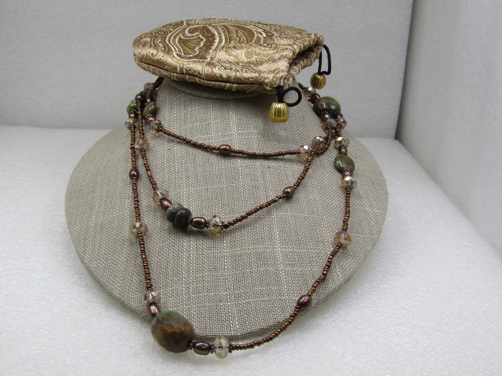 Green Brown Agate & Seed Beaded Necklce, 52", Boho - 2