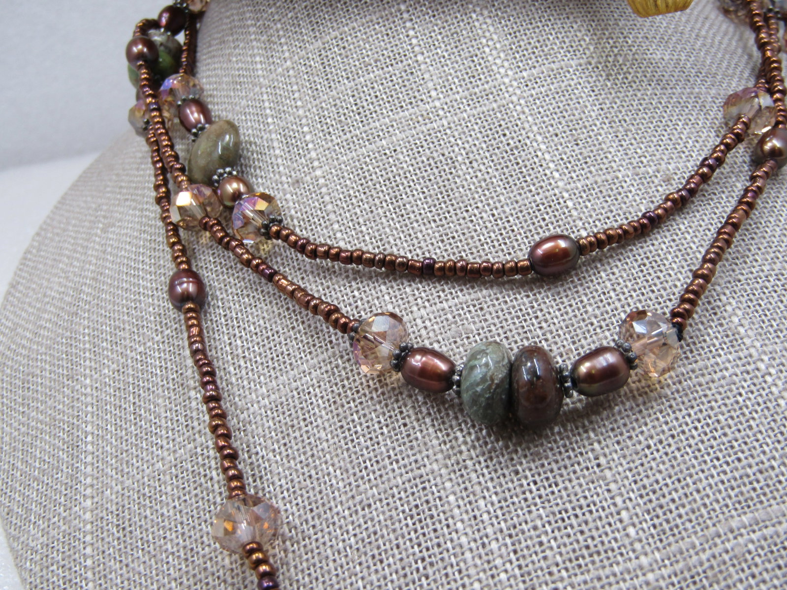 Green Brown Agate & Seed Beaded Necklce, 52", Boho - 3