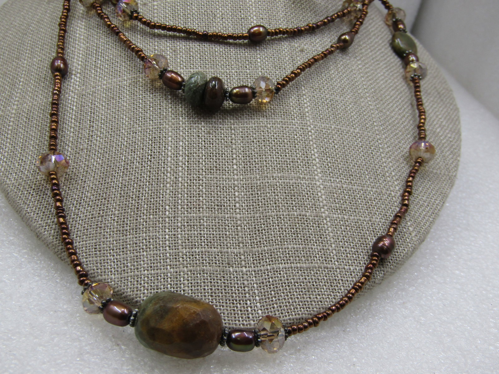 Green Brown Agate & Seed Beaded Necklce, 52", Boho - 4