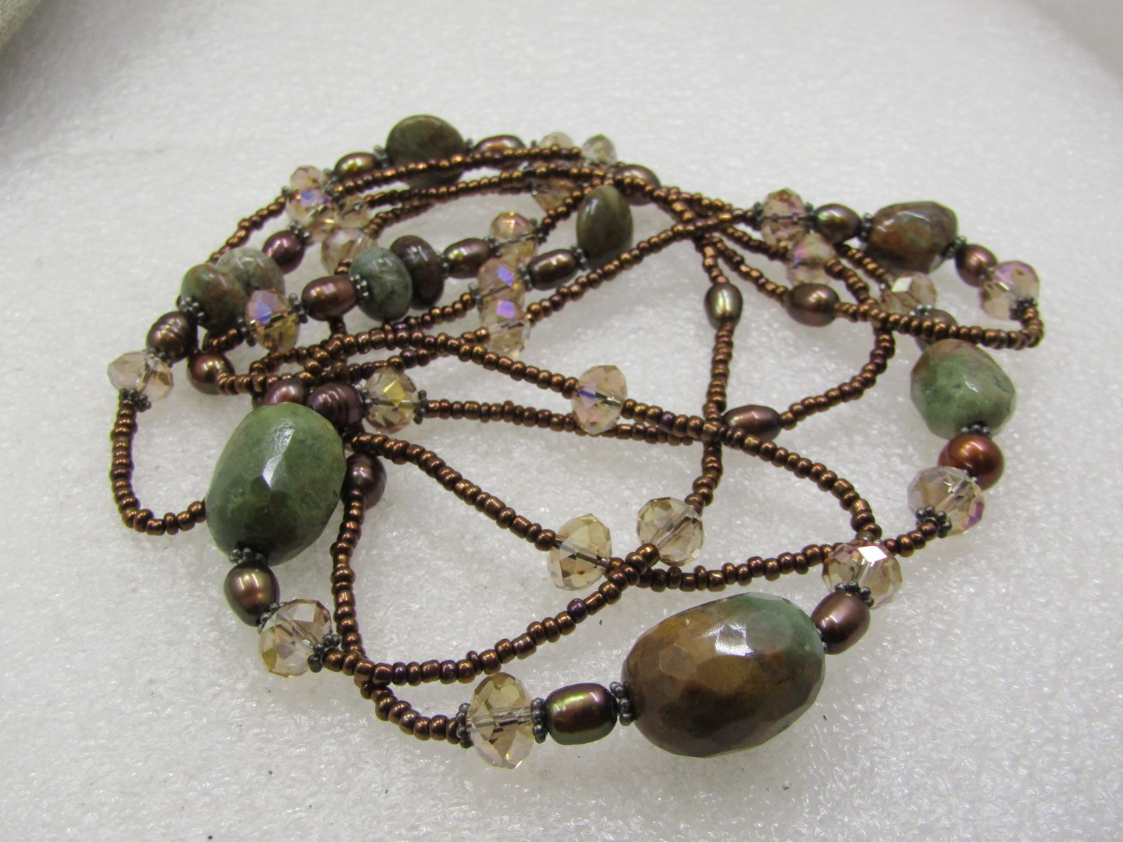Green Brown Agate & Seed Beaded Necklce, 52", Boho - 5