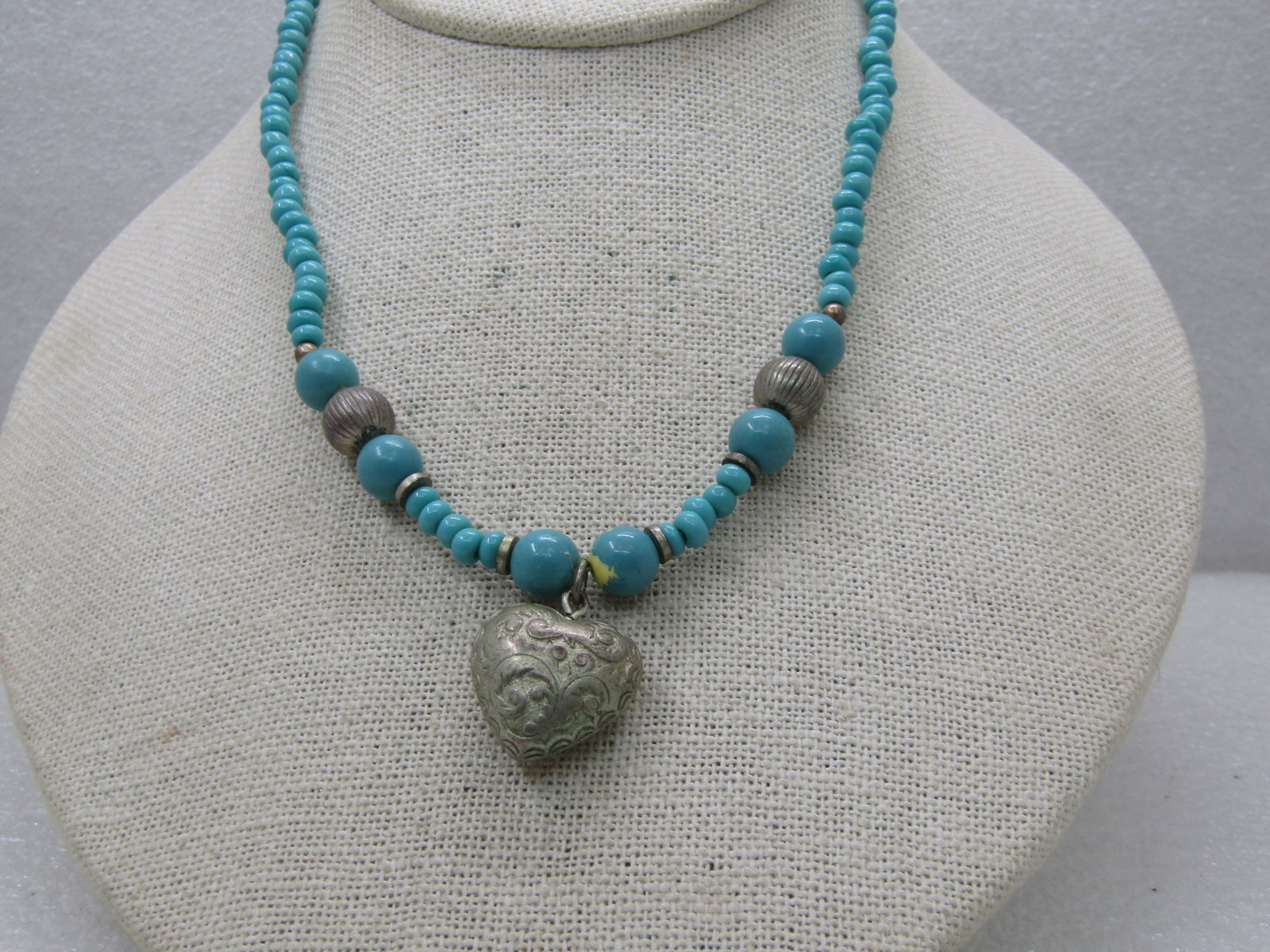Vintage Southwestern Faux Turquoise & Heart Necklace, 15.25" NL - 2