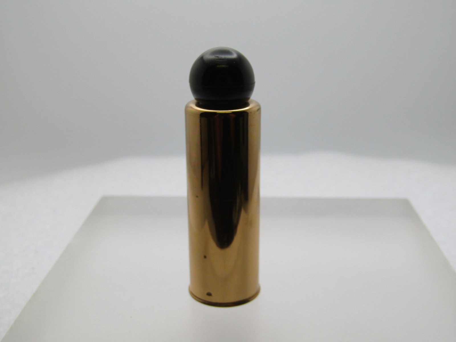 Vintage Metal Over Glass Perfume Bottle, 1960's-1980s, Refillable: Title: Vintage Metal Over Glass Perfume Bottle, 1960's-1980s, Refillable Description: Vintage Metal Over Glass Perfume Bottle, 1960's-1980s, Refillable with black appx. 14mm round acrylic lid. Gold to