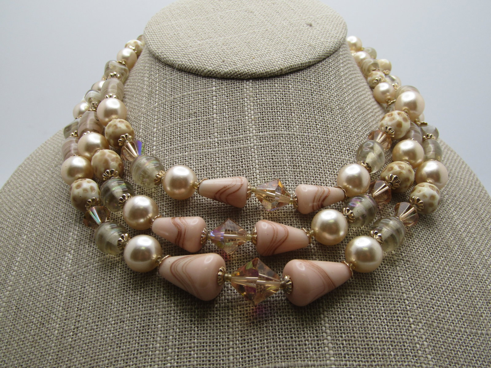 Vintage Triple strand Glass, Spiral/Glitter Beaded Necklace, 17", Faux Pearls, 1950's-1960's: Title: Vintage Triple strand Glass, Spiral/Glitter Beaded Necklace, 17", Faux Pearls, 1950's-1960's Description: Vintage Triple strand Glass, Spiral/Glitter Beaded Necklace, 17", Faux Pearls, 1950's-1