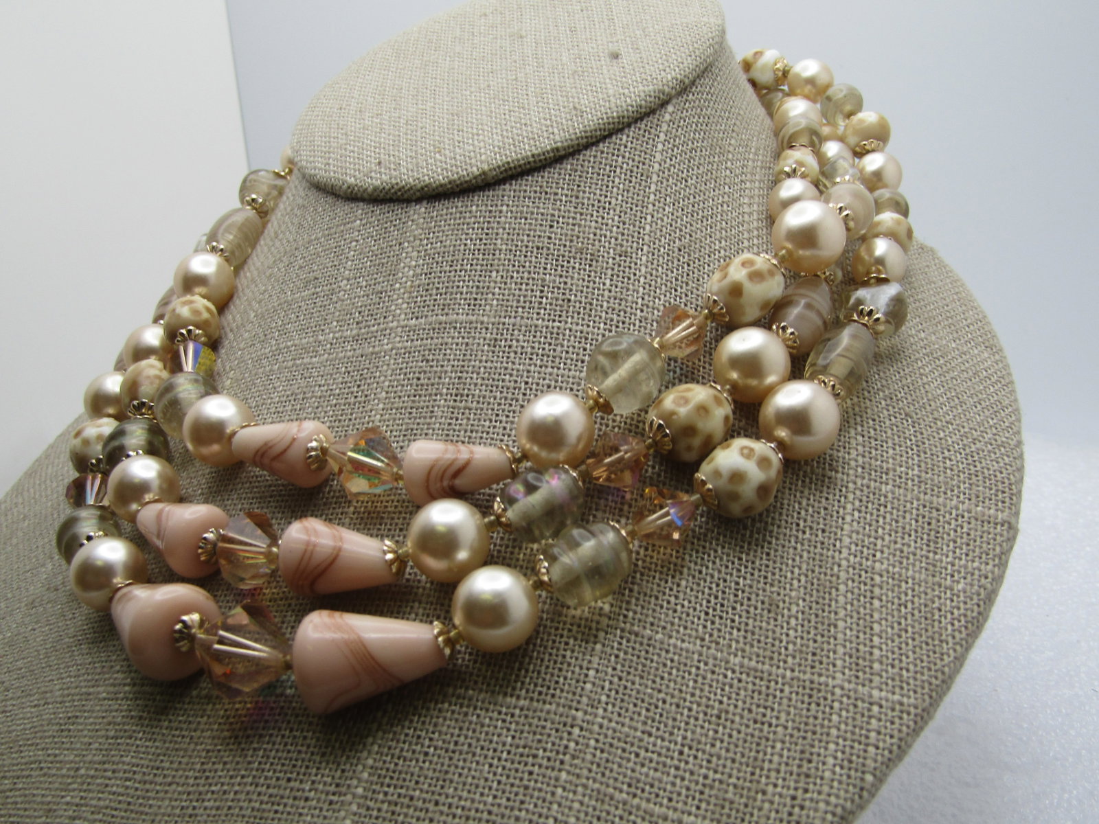 Vintage Triple strand Glass, Spiral/Glitter Beaded Necklace, 17", Faux Pearls, 1950's-1960's - 2