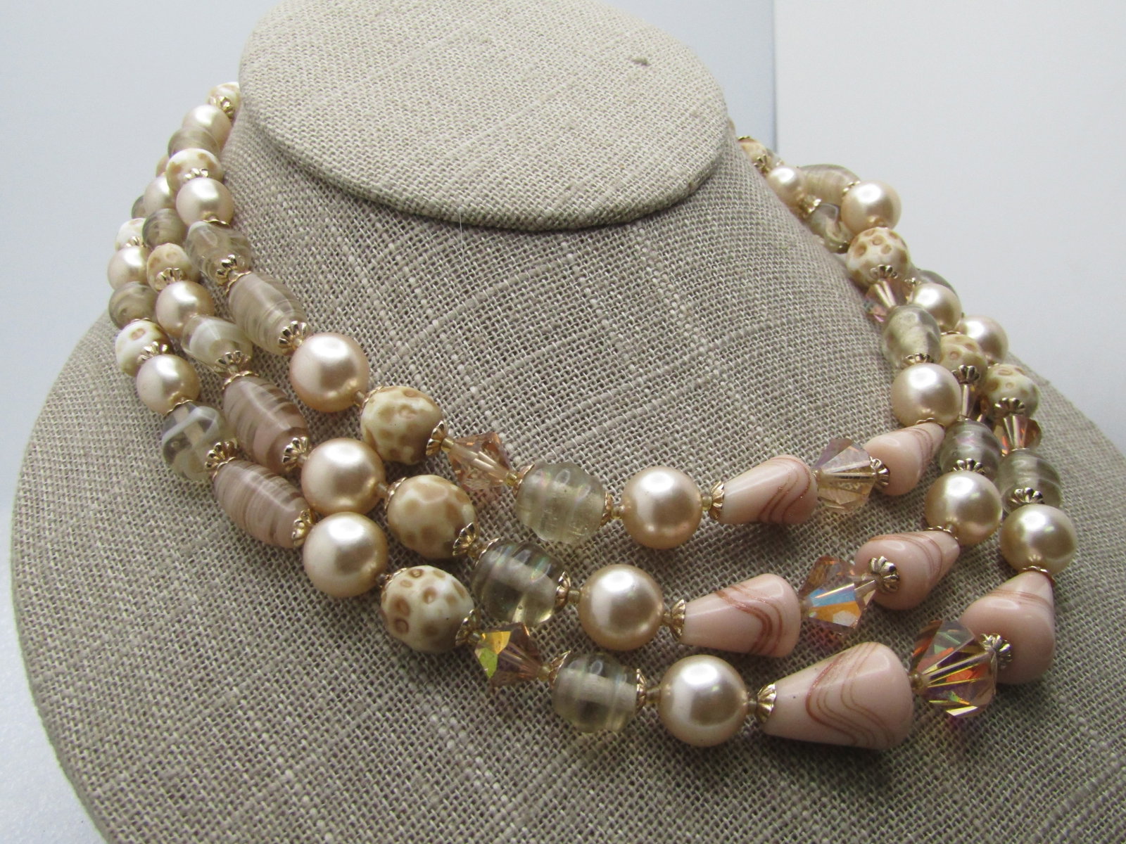 Vintage Triple strand Glass, Spiral/Glitter Beaded Necklace, 17", Faux Pearls, 1950's-1960's - 3