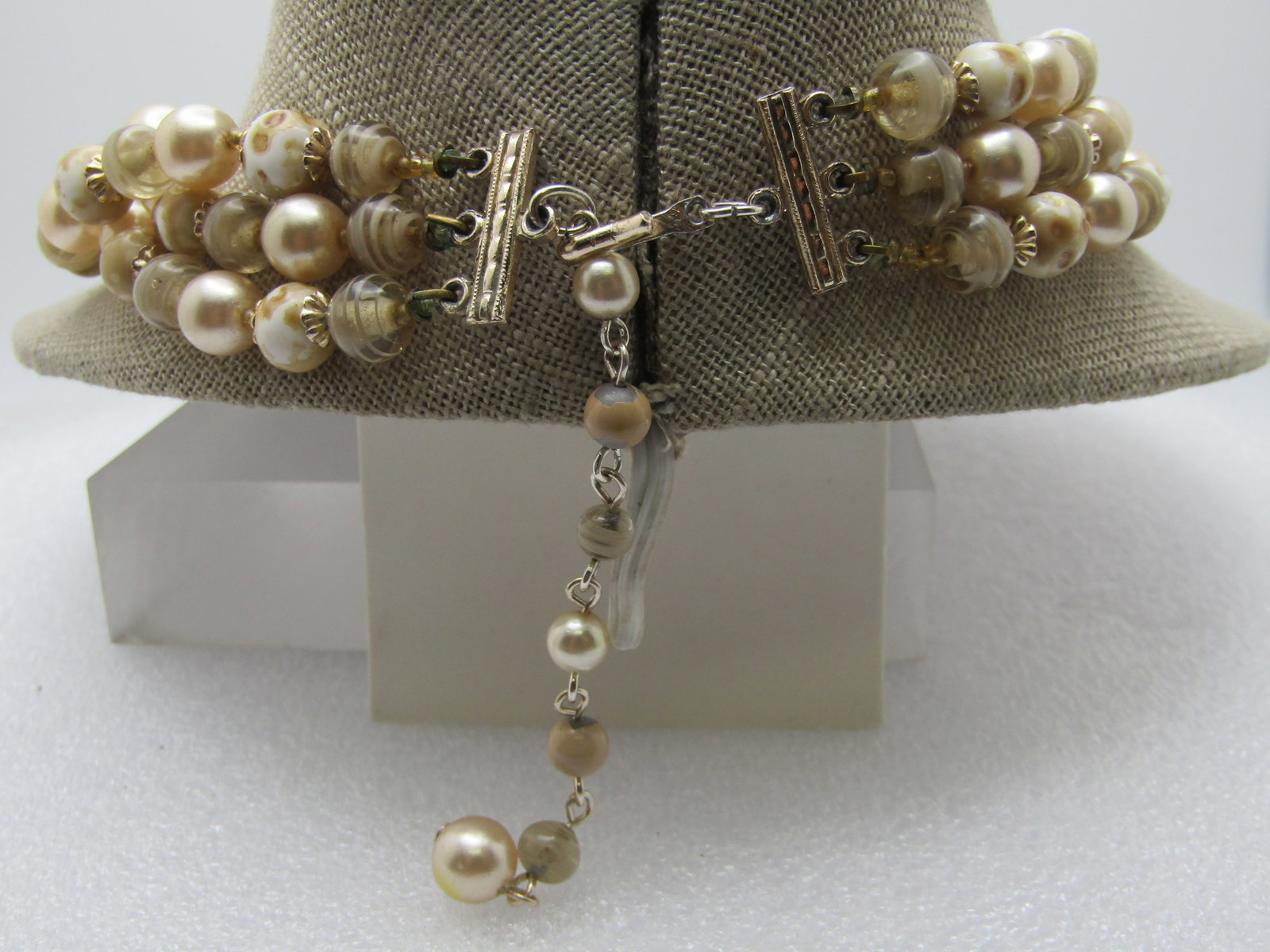 Vintage Triple strand Glass, Spiral/Glitter Beaded Necklace, 17", Faux Pearls, 1950's-1960's - 4