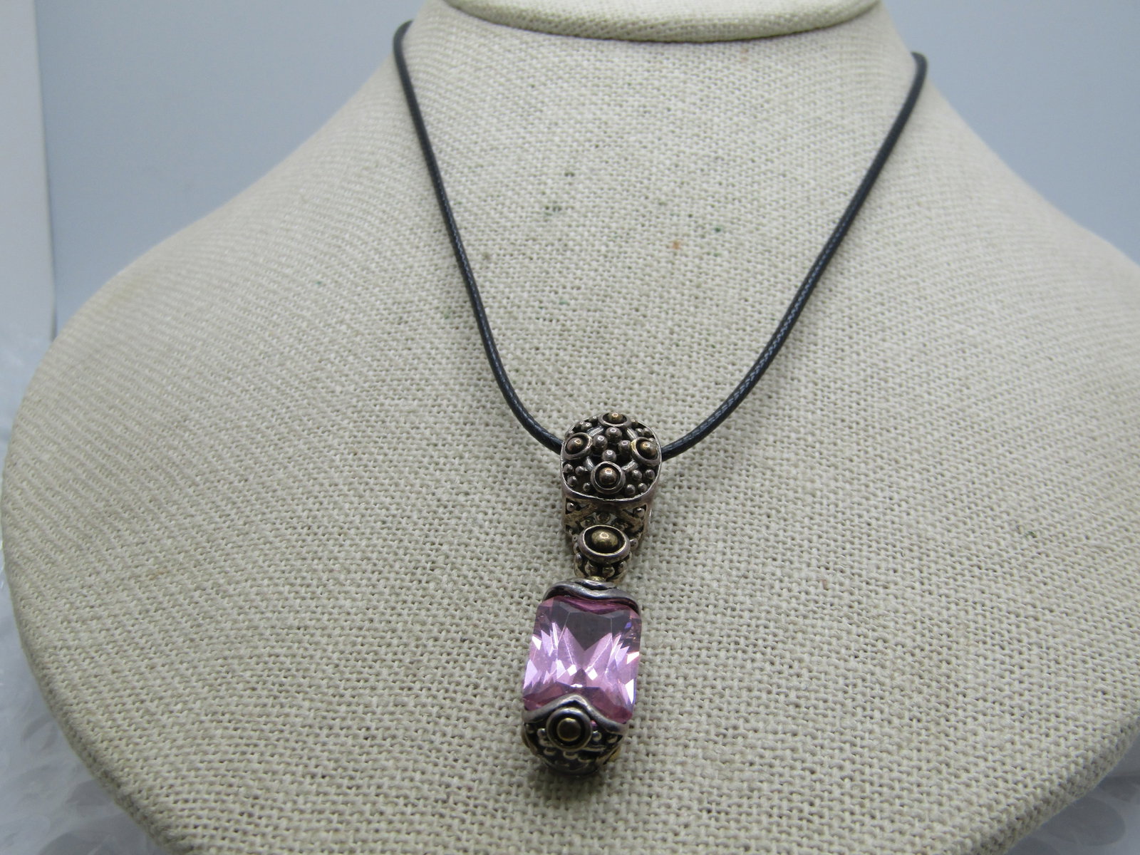 Vintage Sterling Pink Glass Slide Necklce, 20". Bali/Boho Themed - 2