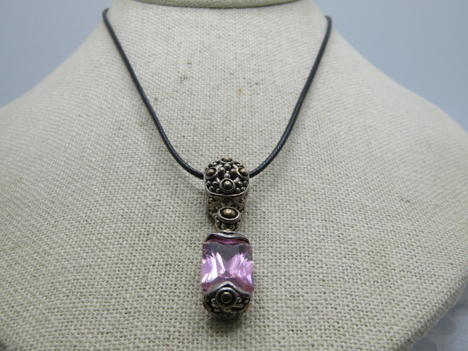Vintage Sterling Pink Glass Slide Necklce, 20". Bali/Boho Themed - 3