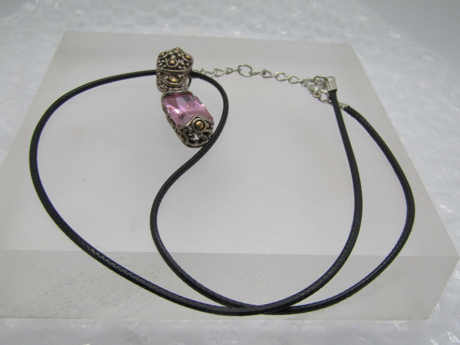 Vintage Sterling Pink Glass Slide Necklce, 20". Bali/Boho Themed - 6